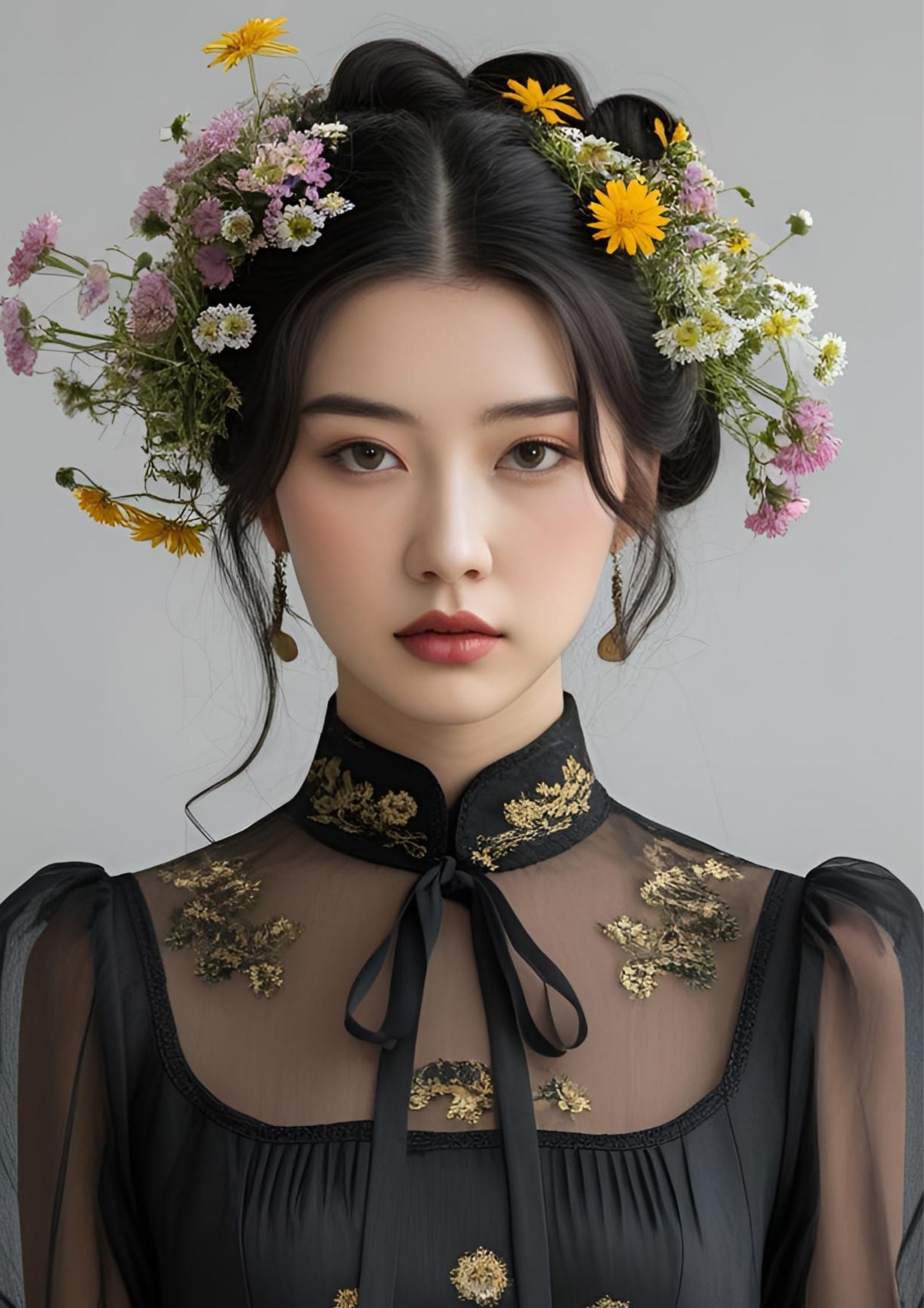 Riko by Elizabeth Marshall Art – close-up of vintage fashion portrait with wildflower crown, giclee art print