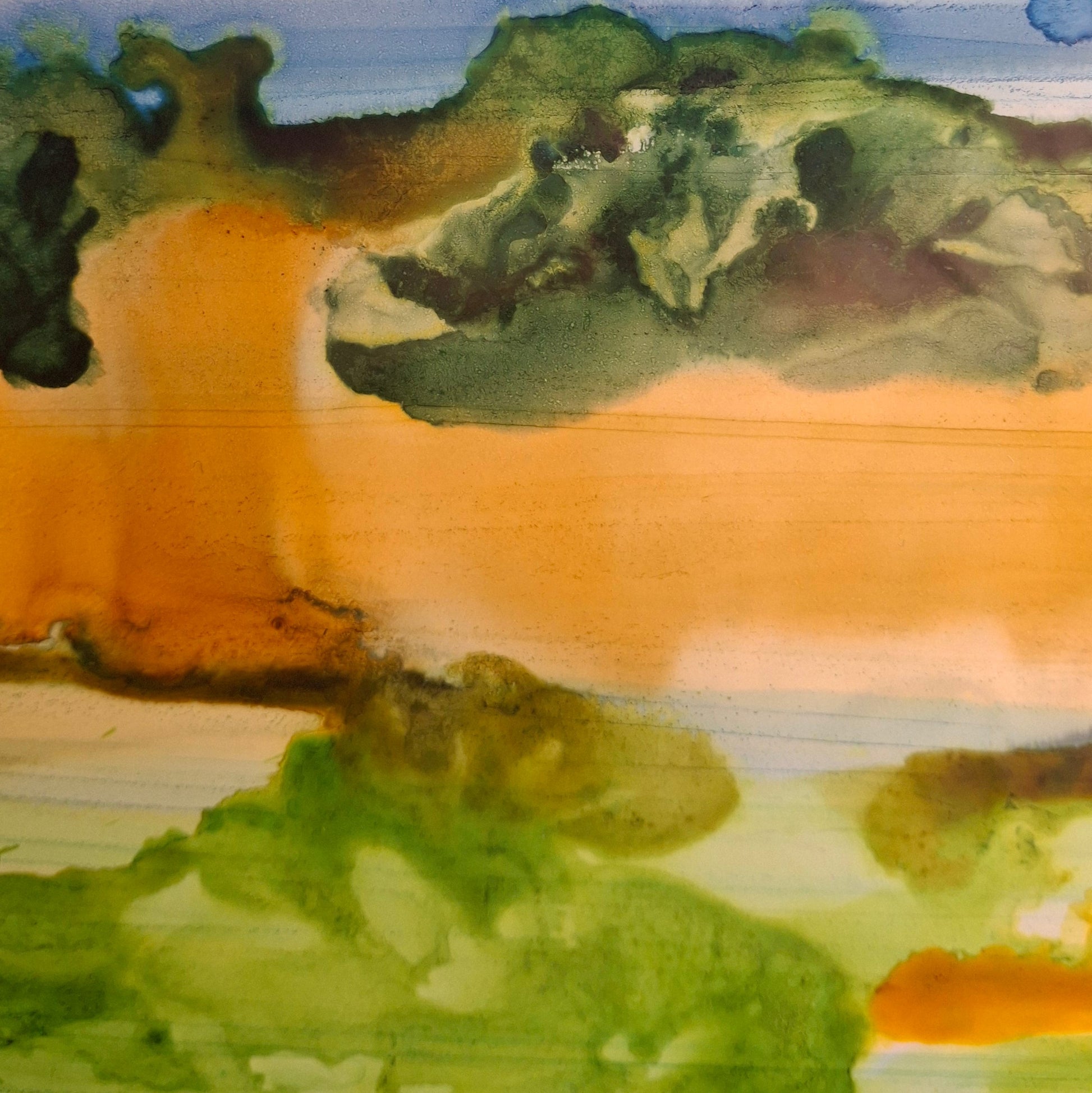 Abstract landscape painting featuring a dramatic blue and purple sky, green hills, and a large warm orange field below.