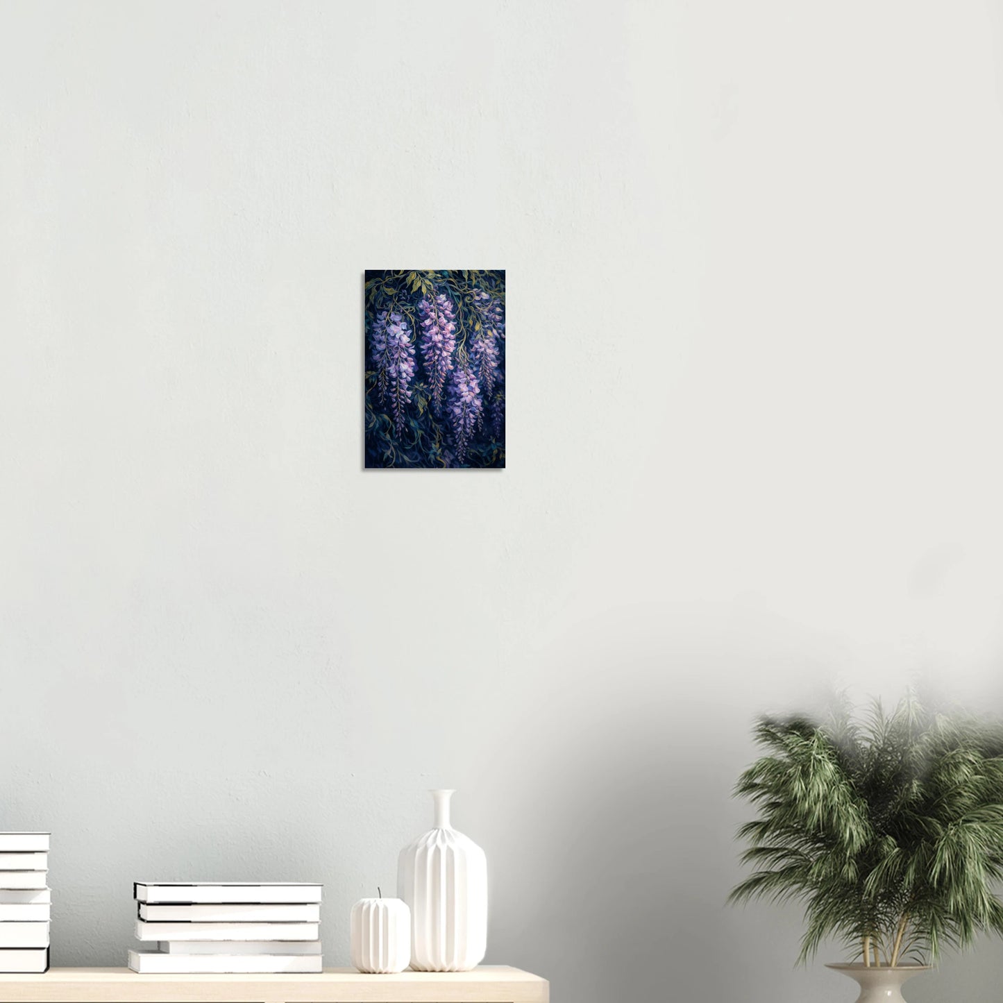 Wisteria After Dark is a print that fills a room with atmosphere. Long, cascading racemes of soft lilac and pale lavender wisteria tumble from a canopy of dark teal-green foliage against a deep navy background, lush, painterly and completely immersive, the kind of botanical that feels like stepping into a secret garden at dusk.

This print captures the romantic abundance of wisteria in full bloom, rendered with an impressionistic richness that makes every petal feel alive with colour and movement.