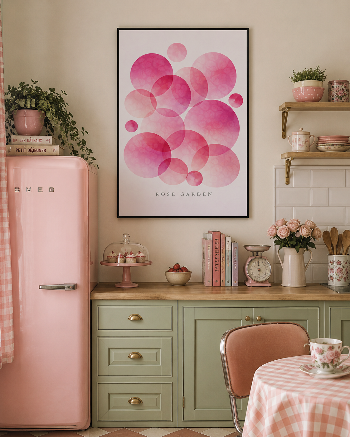 A framed wall art print with pink watercolor circles and the text 'ROSE GARDEN' hangs above a pastel kitchen scene featuring a pink retro refrigerator, mint green cabinets, and a pink-and-white checkered tablecloth.