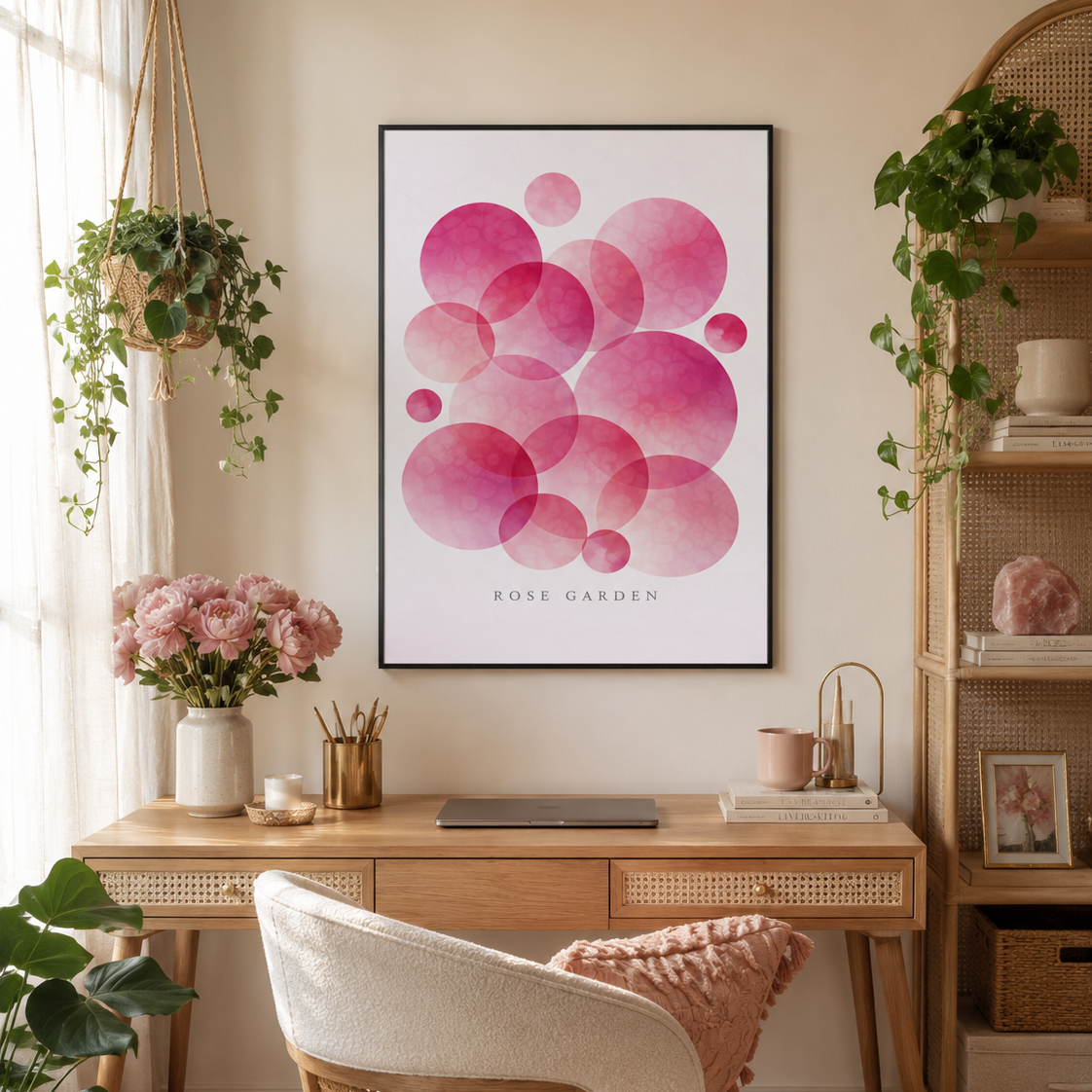 A framed abstract art print featuring overlapping pink watercolor circles with the text 'ROSE GARDEN' at the bottom, displayed on a beige wall above a wooden desk in a styled home office setting.