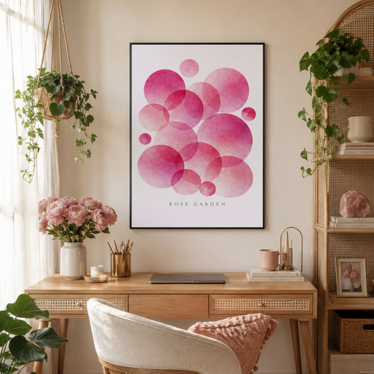 A framed abstract art print featuring overlapping pink watercolor circles with the text 'ROSE GARDEN' at the bottom, displayed on a beige wall above a wooden desk in a styled home office setting.