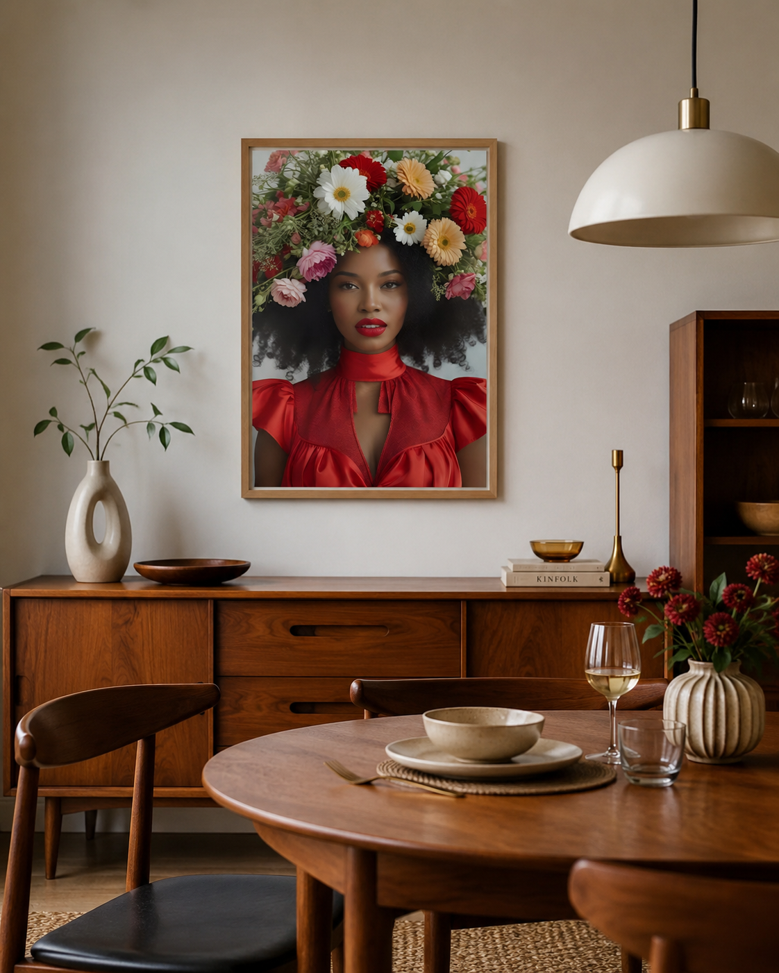 A framed art print depicting a woman with a vibrant floral crown and a red dress, hanging on a beige wall in a styled dining room setting.