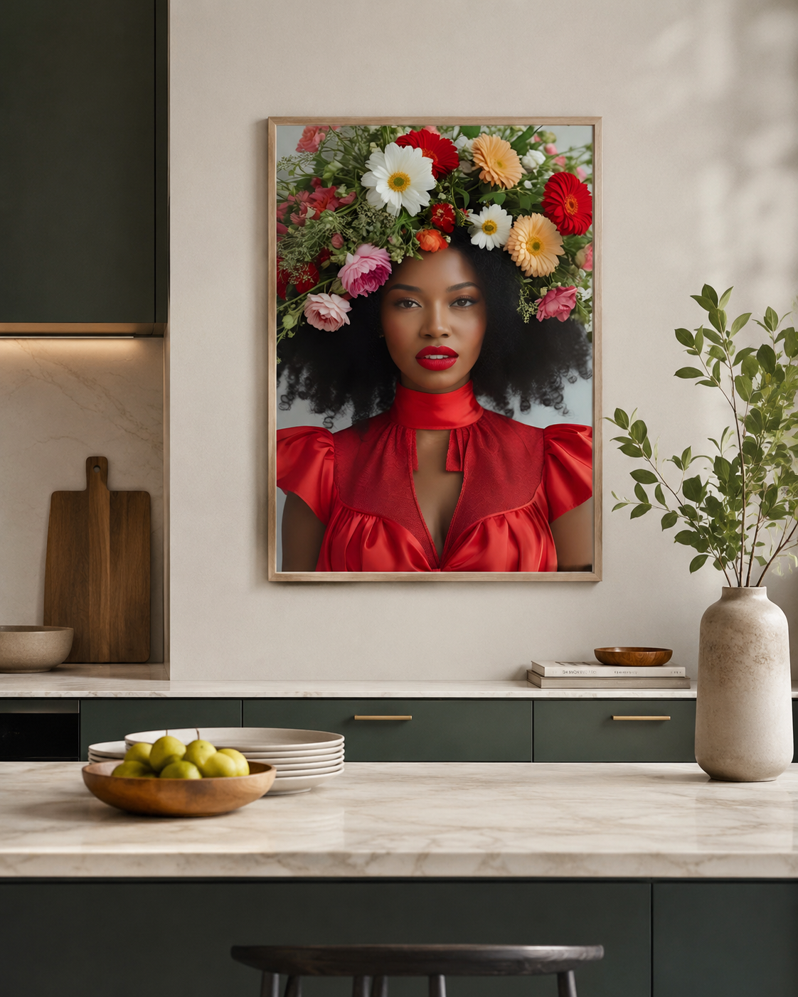 A framed art print depicting a woman with a vibrant multicolor flower crown and a red ruffled top, hanging on a beige wall in a modern kitchen setting.