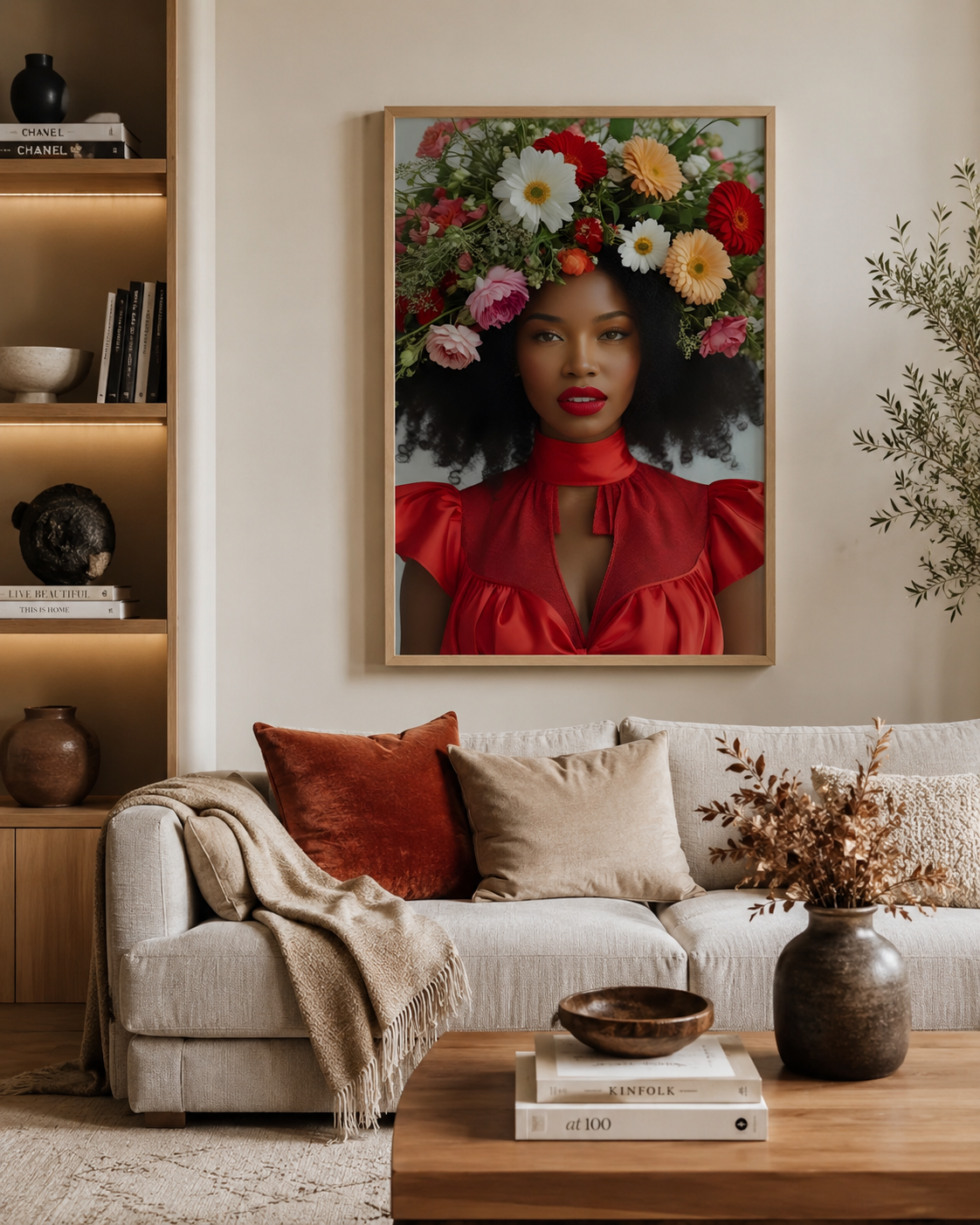 A framed art print depicting a woman with a vibrant floral crown and a red ruffled top, hanging on a beige wall above a modern white sofa in a styled living room.