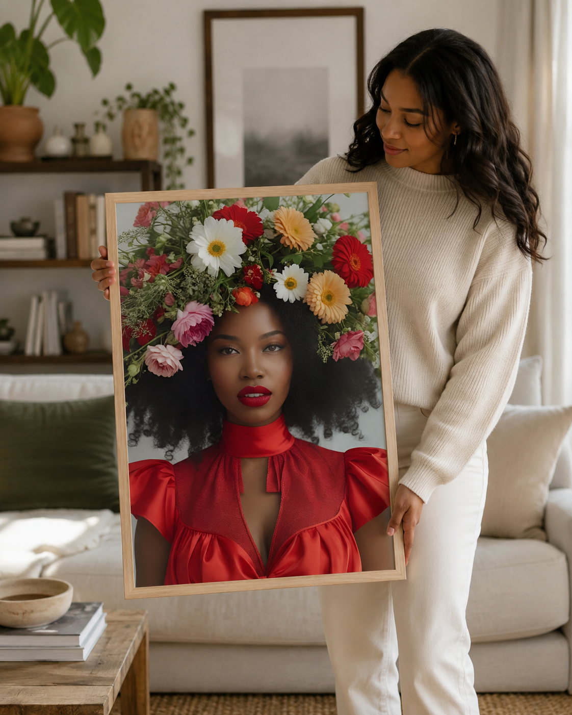 A woman in a cream knit sweater and matching pants holds up a large framed art print. The print features a portrait of a woman with a vibrant floral crown and a red high-neck top.
