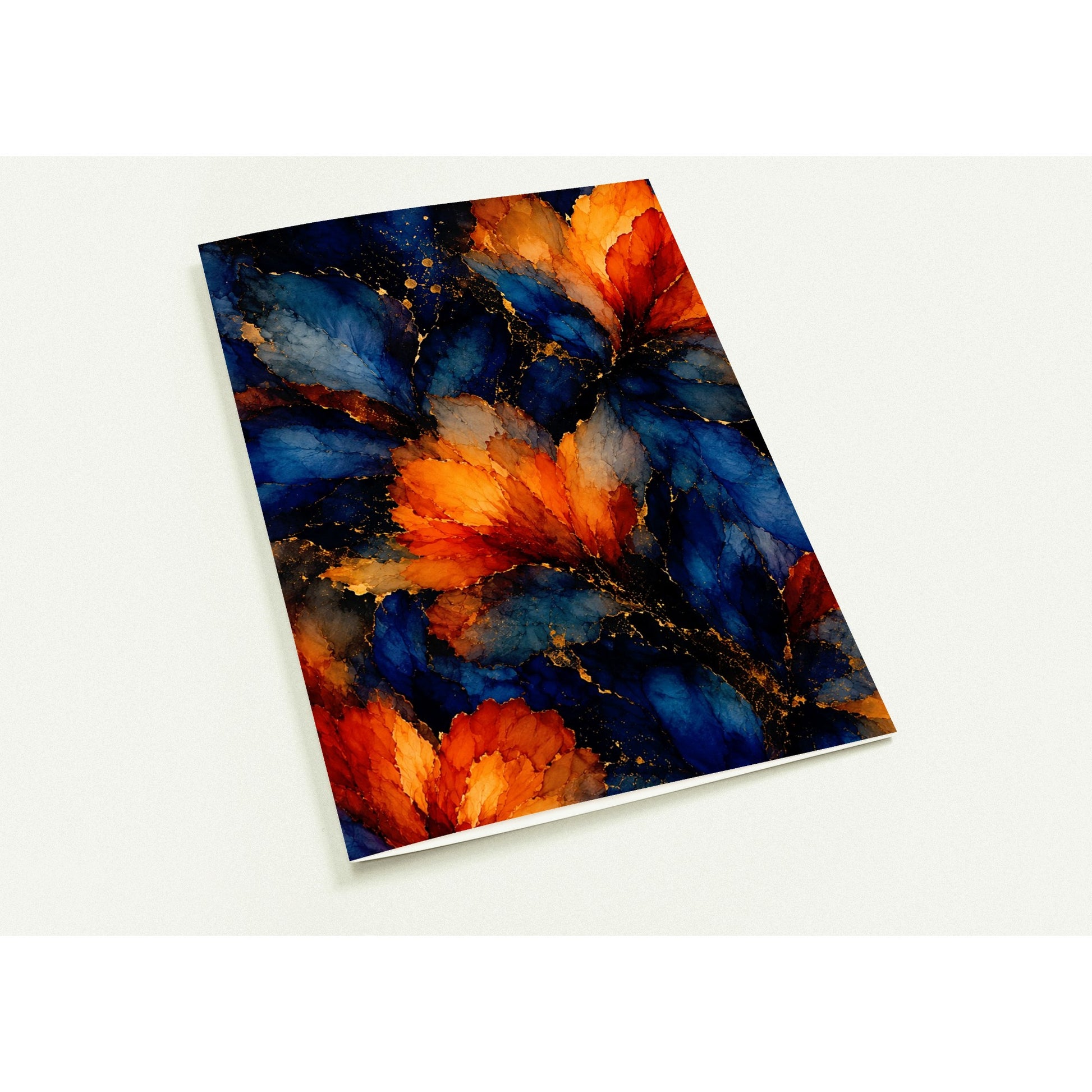 An abstract art print featuring vibrant watercolor-like floral or petal-like shapes in deep blue, orange, and red with subtle gold speckles, shown at an angle on a light gray background.