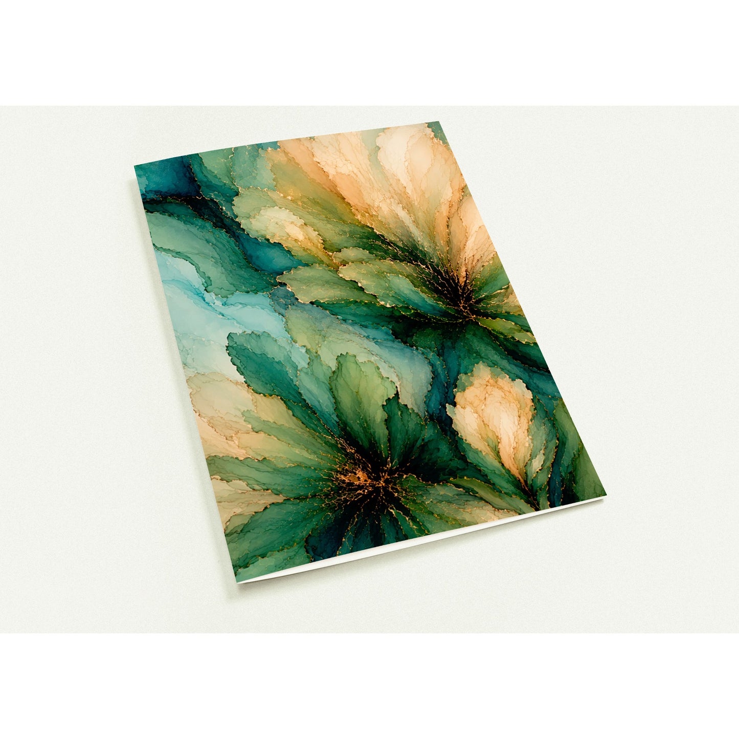 A rectangular art note card with an abstract floral design in shades of green, teal, cream, and gold, shown at an angle on a light off-white background.

Ten note cards that feel like a tiny gallery in an envelope. Rich, moody florals, deep jewel tones, and the kind of lush, layered colour that makes a handwritten note feel like a gift before it's even opened. These are the cards for people who believe that stationery should be as beautiful as the words inside.