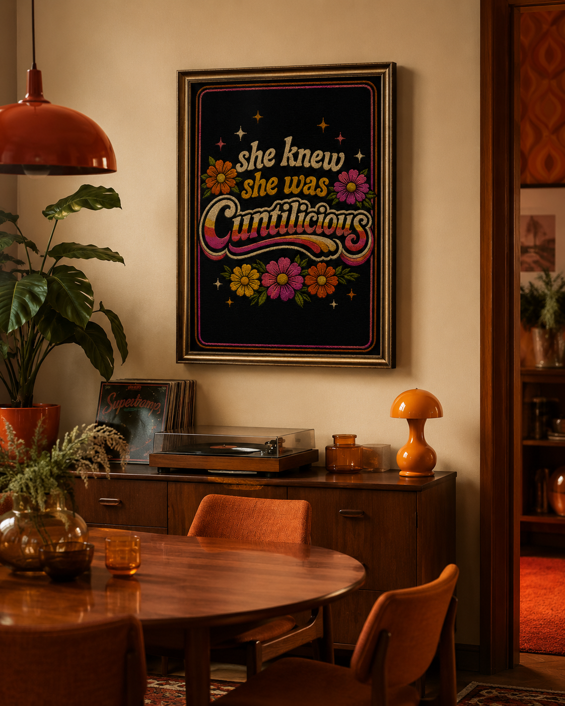 Bold feminist art print from the Dangerous Women series. in a retro dining room 