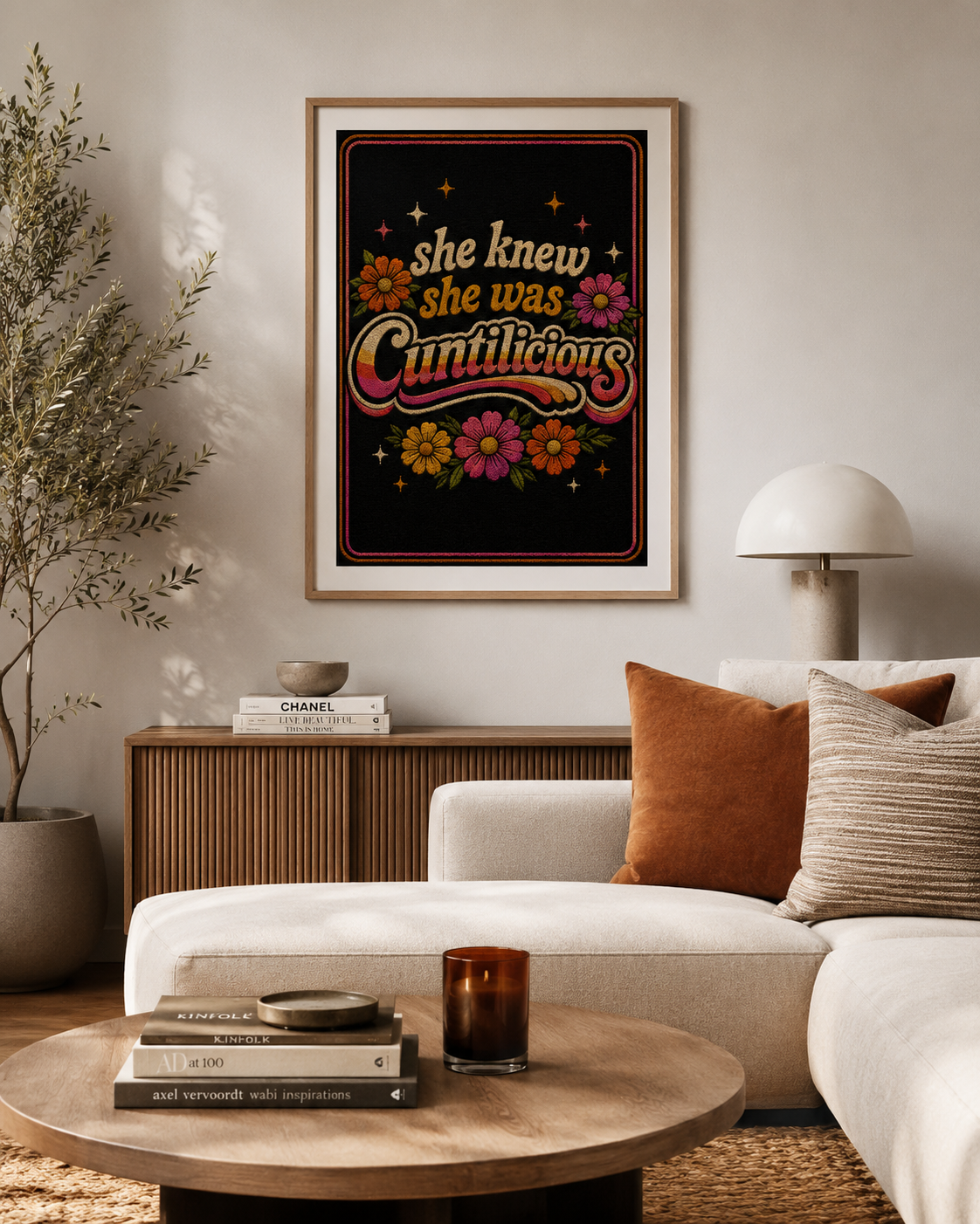 Bold feminist art print from the Dangerous Women series. in a lounge room 