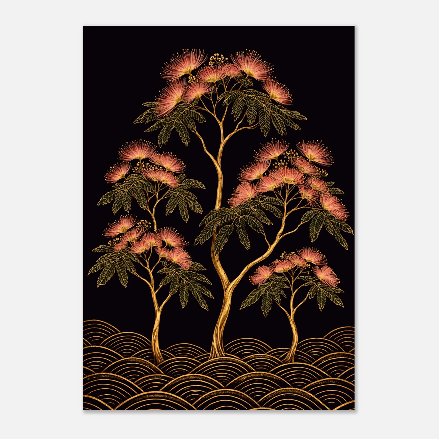 A vertical art print featuring three stylized trees with pink blossoms and green leaves on a black background, with gold wave-like patterns along the bottom. The print is shown centered on a light gray background.

Dramatic silk tree giclee print in gold, coral and blush on black. Inspired by Japanese botanical art. 200gsm FSC paper. Ships worldwide.