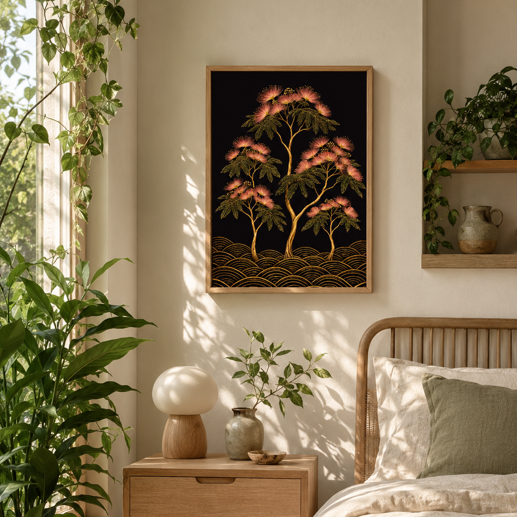A framed wall art print featuring stylized pink and orange trees on a black background, displayed above a wooden nightstand in a softly lit bedroom with plants, bedding, and a rattan headboard.