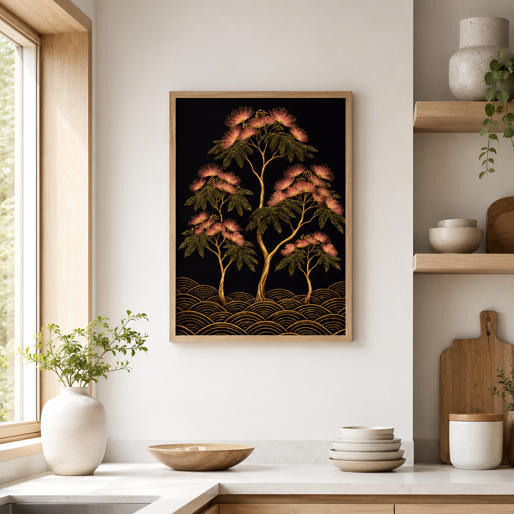 A framed wall art print featuring stylized trees with pink and orange foliage on a black background, displayed in a modern, light wood kitchen setting.

Dramatic silk tree giclee print in gold, coral and blush on black. Inspired by Japanese botanical art. 200gsm FSC paper. Ships worldwide.
