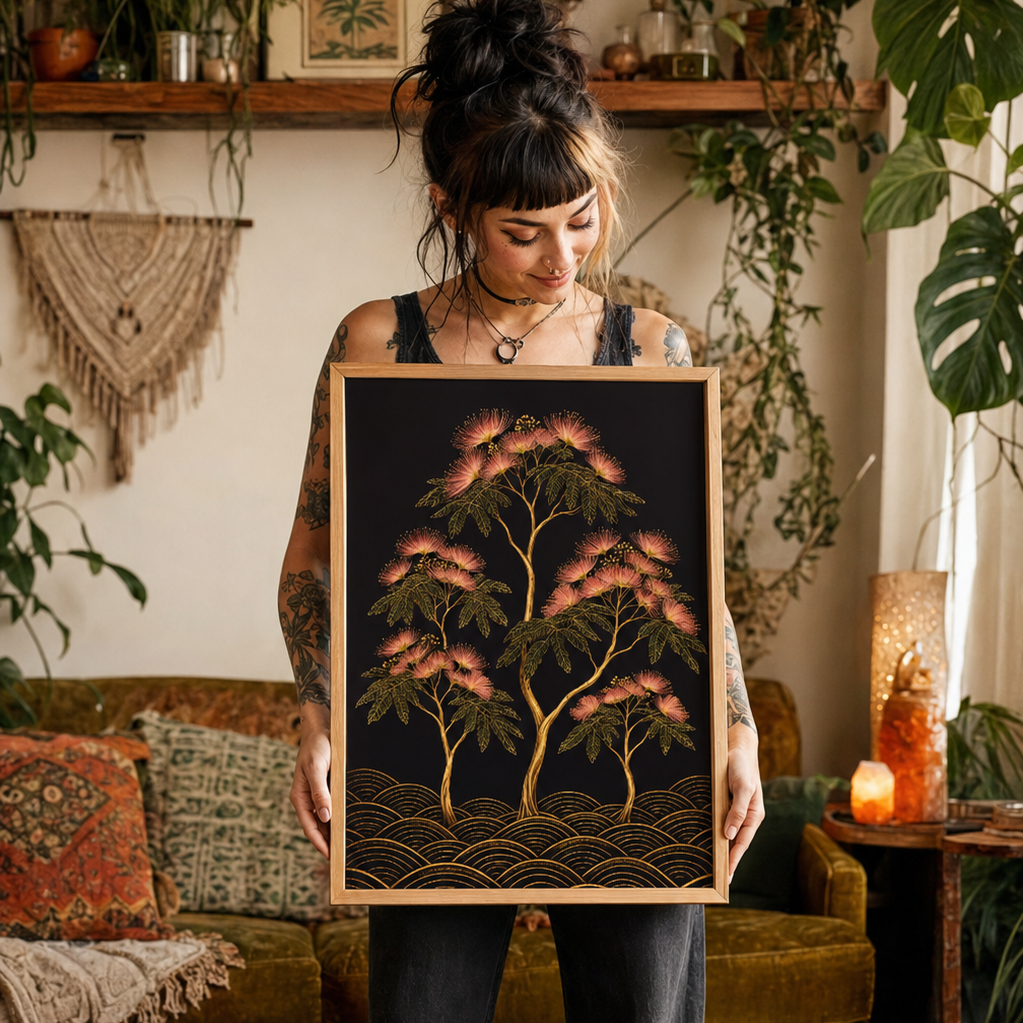 A woman stands in a cozy, plant-filled room holding a framed art print. The print features a black background with three stylized trees in warm brown and pink tones.