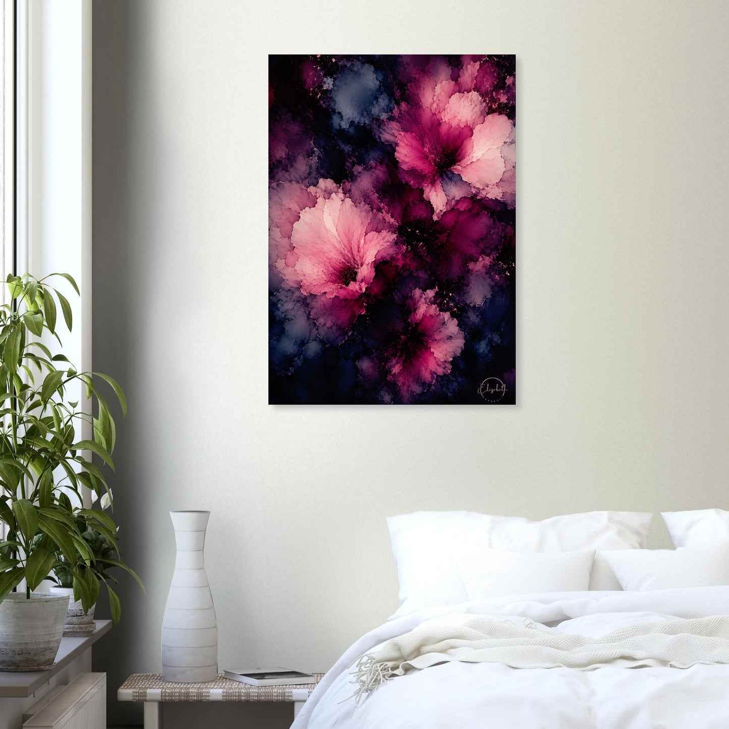 This is what happens when colour settles into something beautiful and refuses to leave. Love Forever is a moody floral giclee print with deep mulberry and blush blooms suspended in midnight blue, soft indigo, and dusky charcoal, the petals rich and still against the dark, layered ground beneath. It has the quiet intensity of a painting that draws you in slowly and the kind of presence that makes a room feel complete.