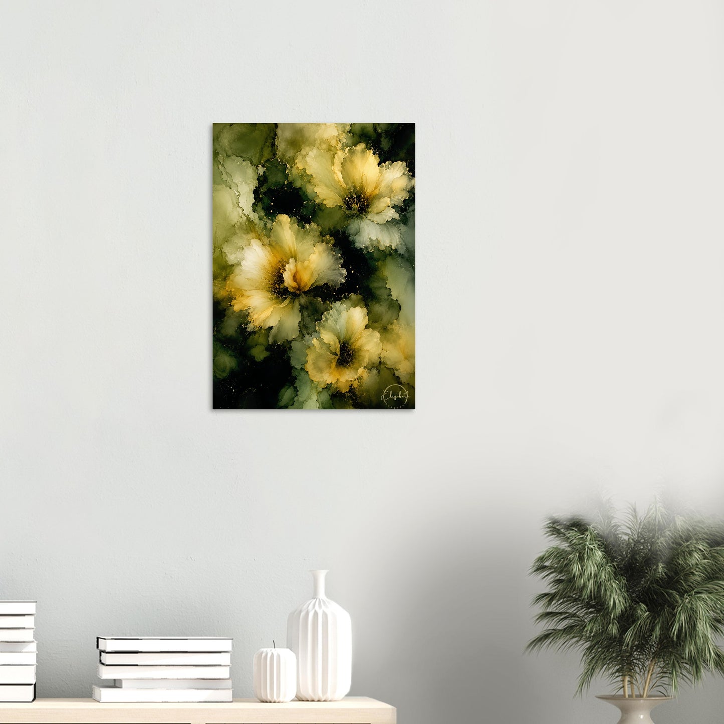 This is what happens when colour glows from the inside out. Midnight Light is a moody floral giclee print with luminous cream and pale yellow blooms emerging through deep olive, warm moss, and earthy green, the petals soft and radiant against the rich, layered depths beneath. It has the gentleness of candlelight and the kind of presence that makes a room feel instantly warmer the moment it goes on the wall.
