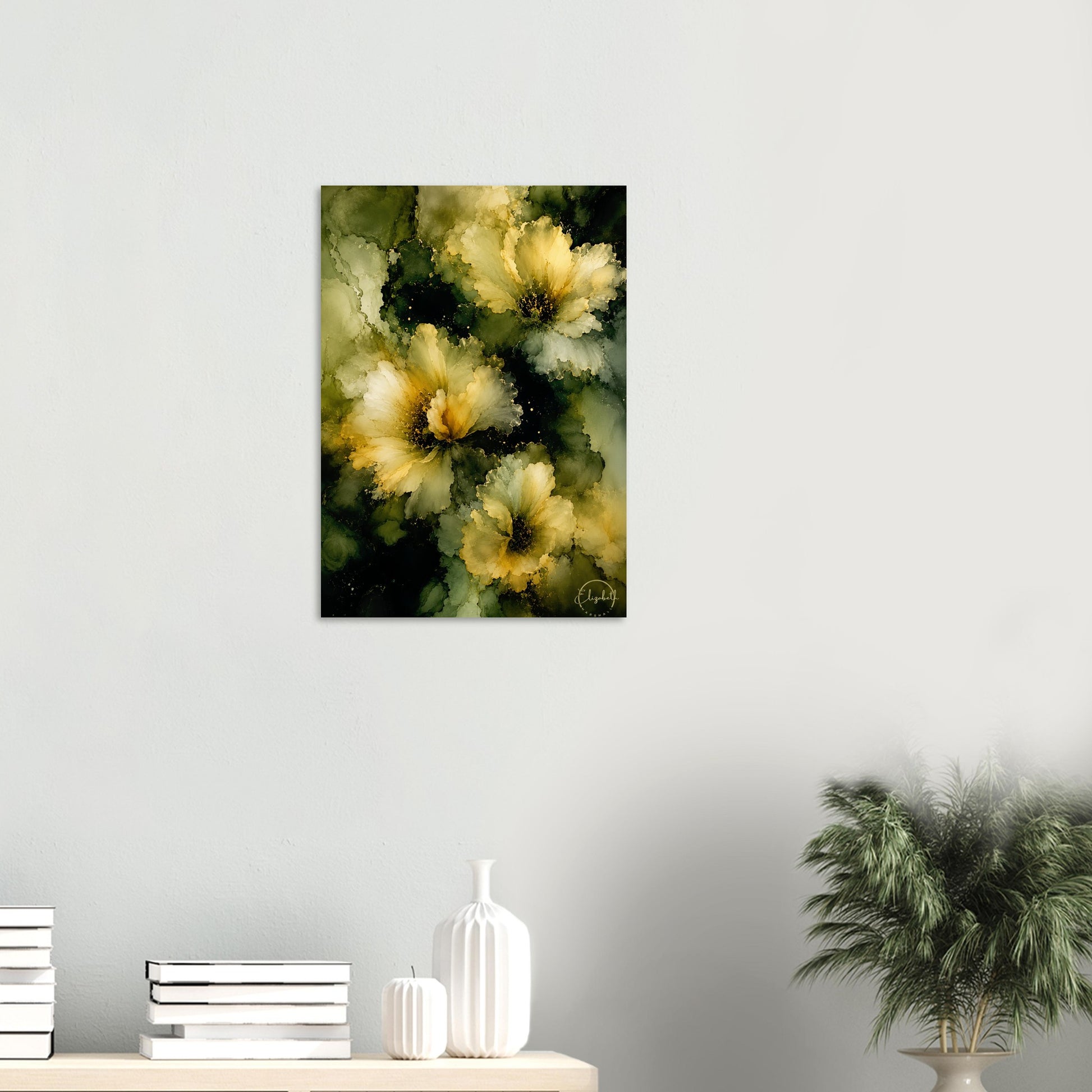 This is what happens when colour glows from the inside out. Midnight Light is a moody floral giclee print with luminous cream and pale yellow blooms emerging through deep olive, warm moss, and earthy green, the petals soft and radiant against the rich, layered depths beneath. It has the gentleness of candlelight and the kind of presence that makes a room feel instantly warmer the moment it goes on the wall.