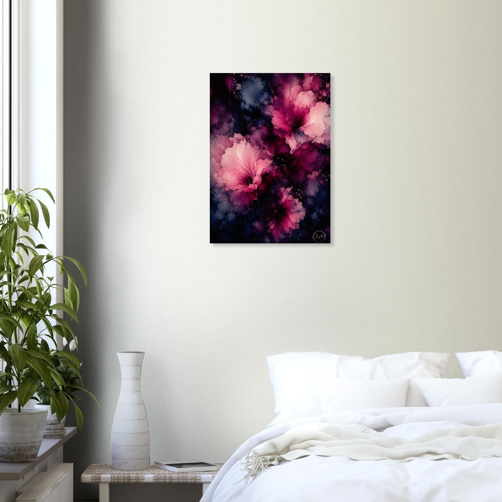 This is what happens when colour settles into something beautiful and refuses to leave. Love Forever is a moody floral giclee print with deep mulberry and blush blooms suspended in midnight blue, soft indigo, and dusky charcoal, the petals rich and still against the dark, layered ground beneath. It has the quiet intensity of a painting that draws you in slowly and the kind of presence that makes a room feel complete.