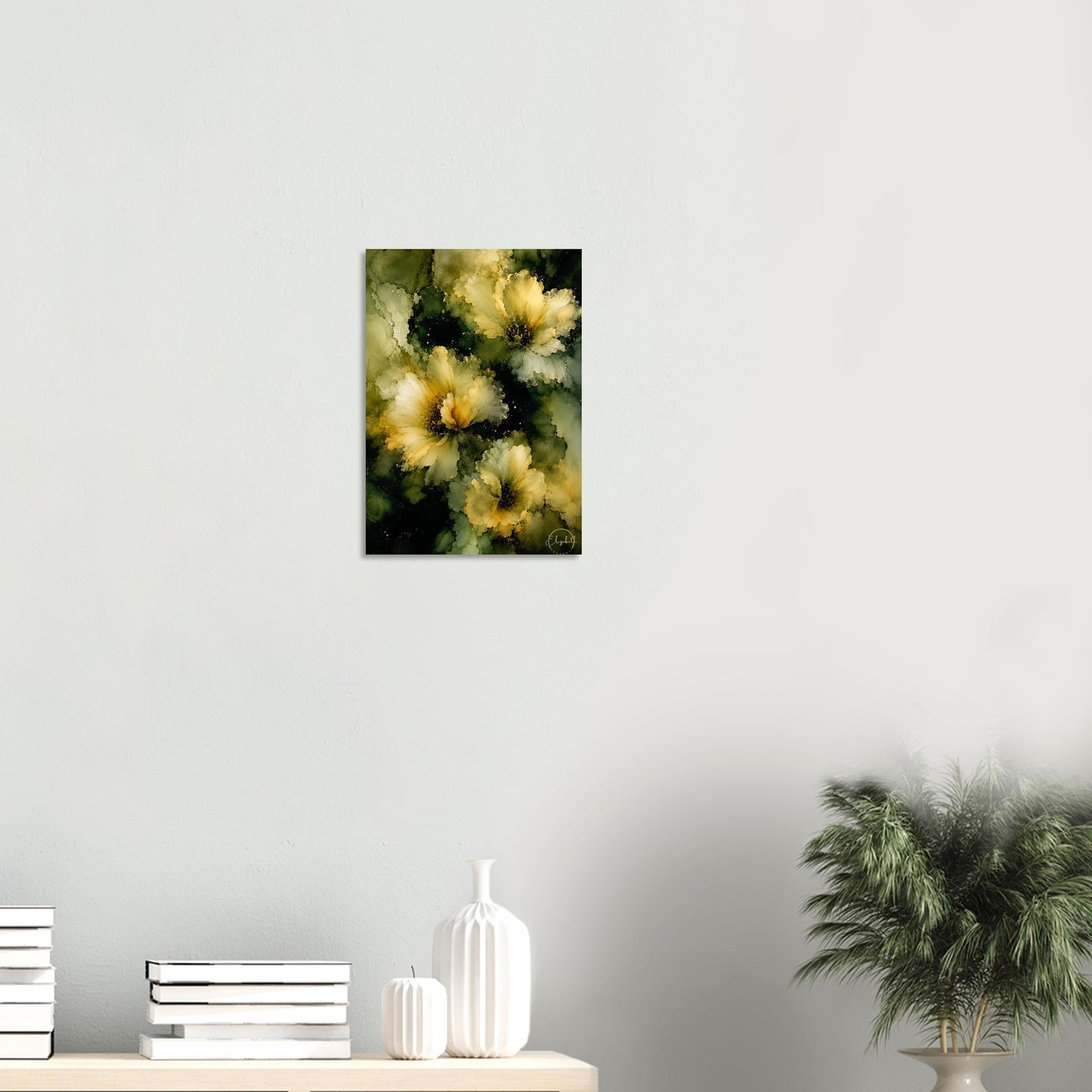 This is what happens when colour glows from the inside out. Midnight Light is a moody floral giclee print with luminous cream and pale yellow blooms emerging through deep olive, warm moss, and earthy green, the petals soft and radiant against the rich, layered depths beneath. It has the gentleness of candlelight and the kind of presence that makes a room feel instantly warmer the moment it goes on the wall.