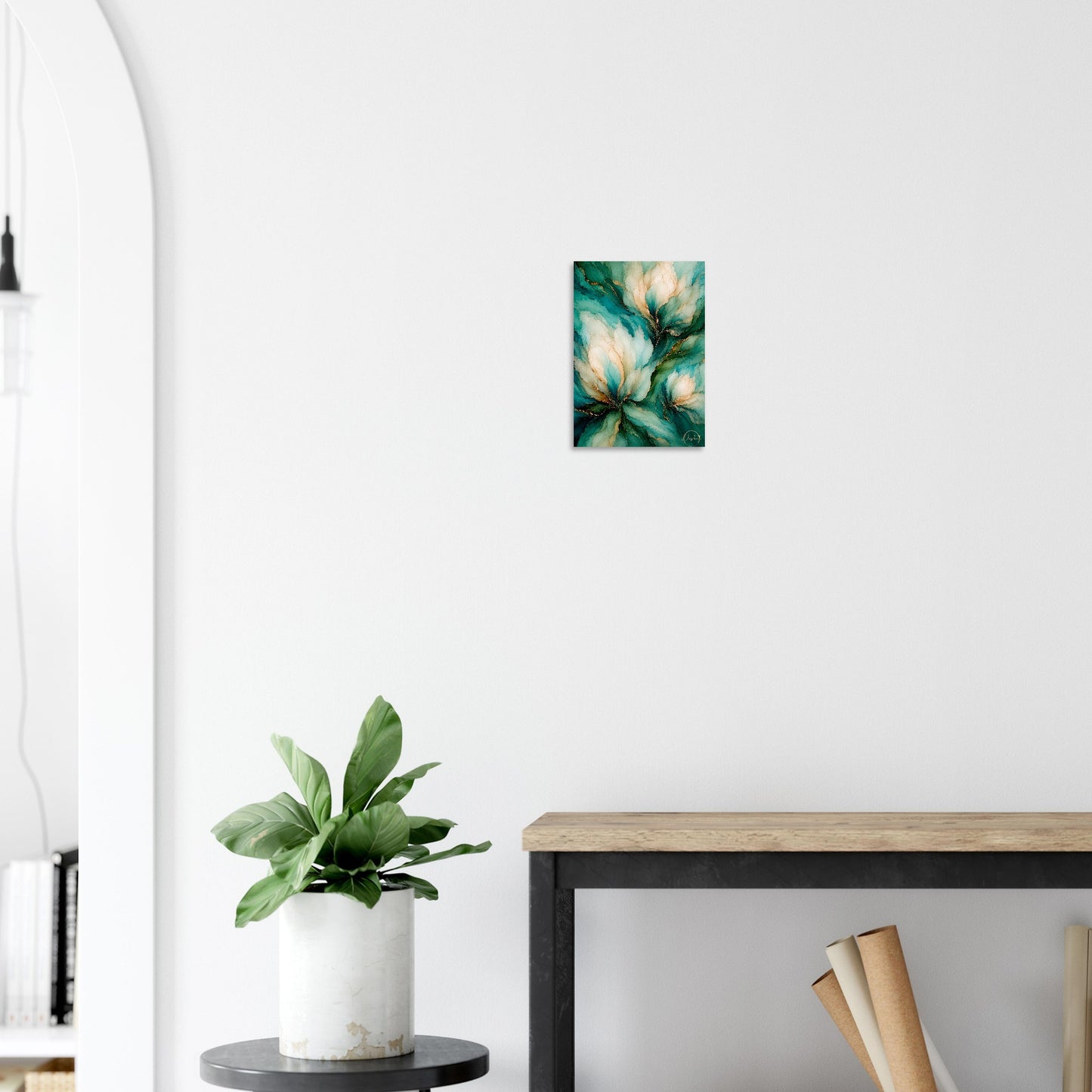 Moody floral giclee print, luminous cream blooms against rich emerald and teal with gold veining. Inspired by original alcohol ink artworks. 200gsm FSC paper.