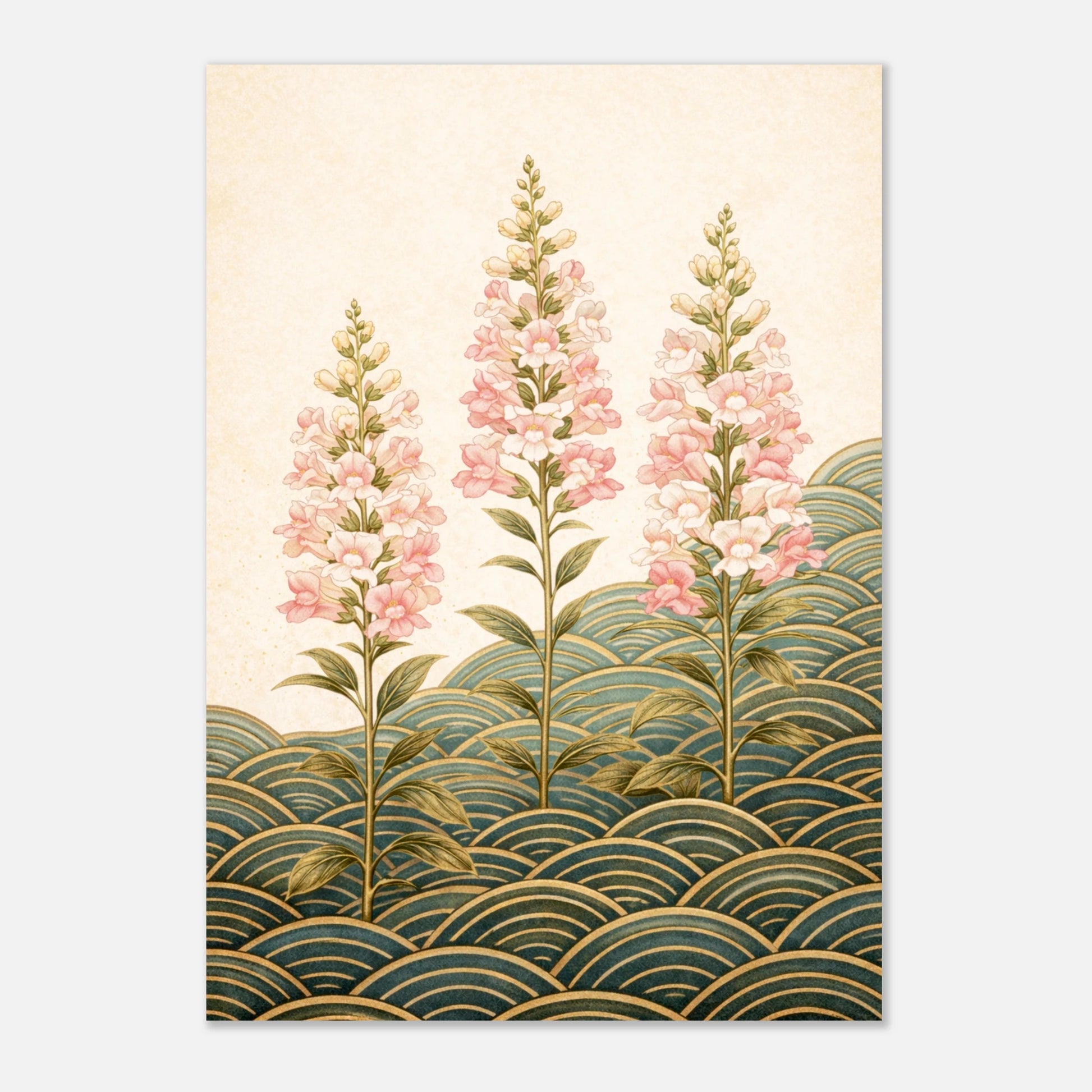 A vertical art print featuring three pink flower stalks rising above stylized teal and gold wave patterns on a warm cream background.