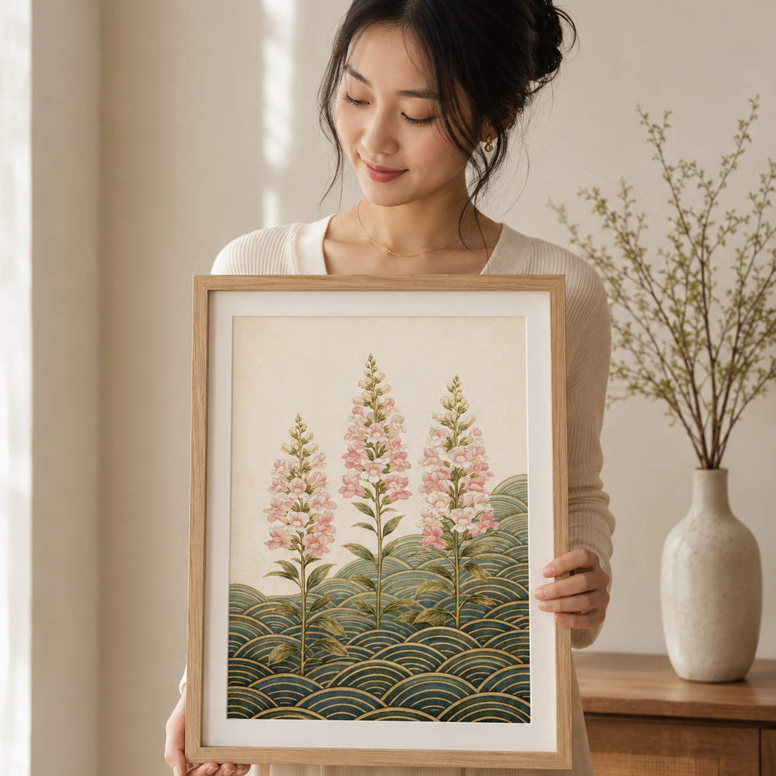 A woman in a cream-colored dress holds a light wood framed art print featuring three pink flowering plants above green and gold wave patterns, set against a warm, softly lit interior background.