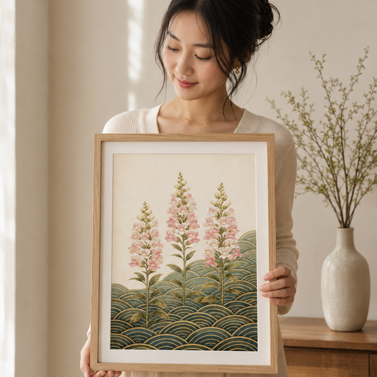 A woman in a cream-colored dress holds a light wood framed art print featuring three pink flowering plants above green and gold wave patterns, set against a warm, softly lit interior background.