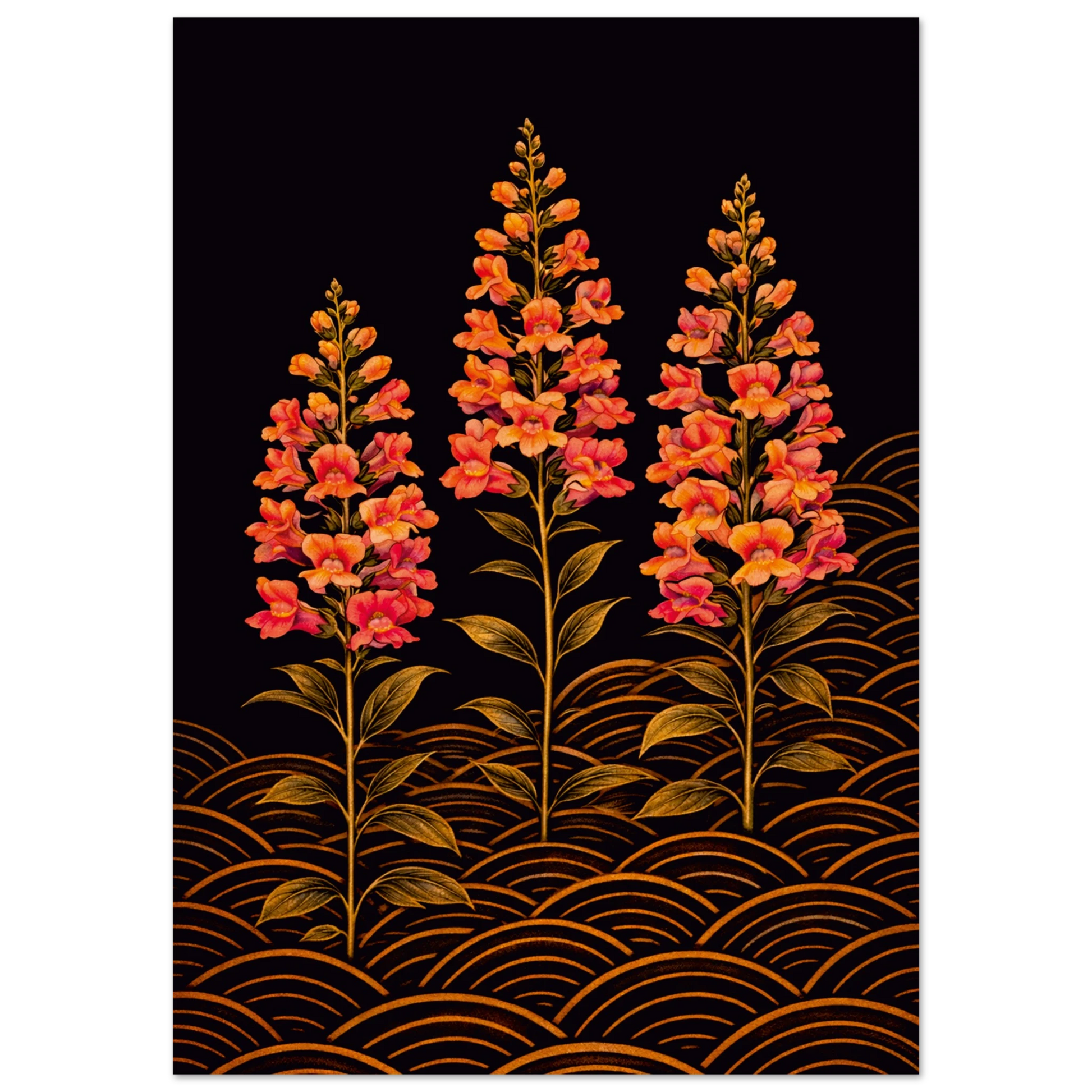 A vertical art print featuring three stylized orange and pink flower spikes with green leaves, set against a solid black background with a gold wave pattern at the bottom.