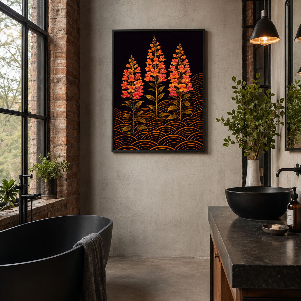 A framed vertical art print featuring three stylized orange and red flowers on a black background with gold wave patterns, displayed on a textured gray wall in a modern bathroom setting.