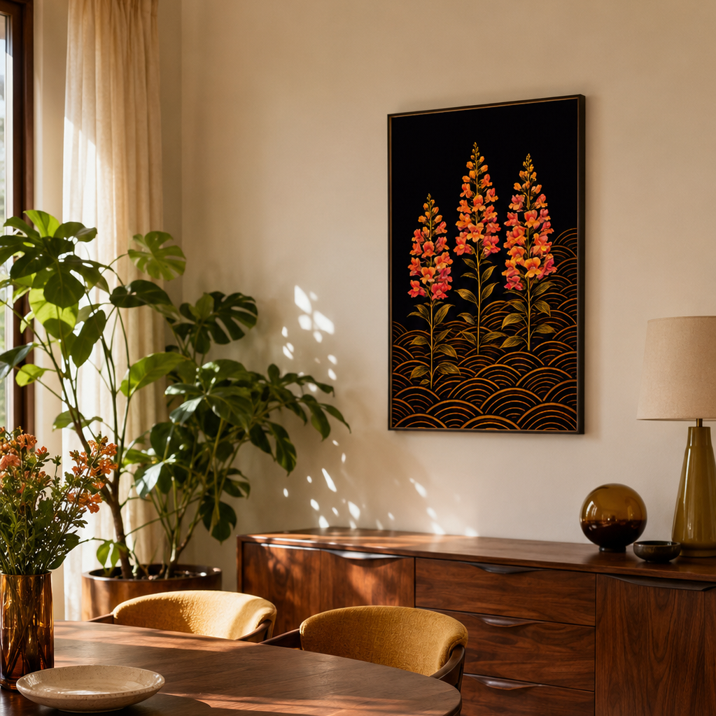A framed wall art print featuring three stylized orange-red flowers on a black background with gold wave patterns, displayed in a warm, modern dining room above a wooden sideboard.