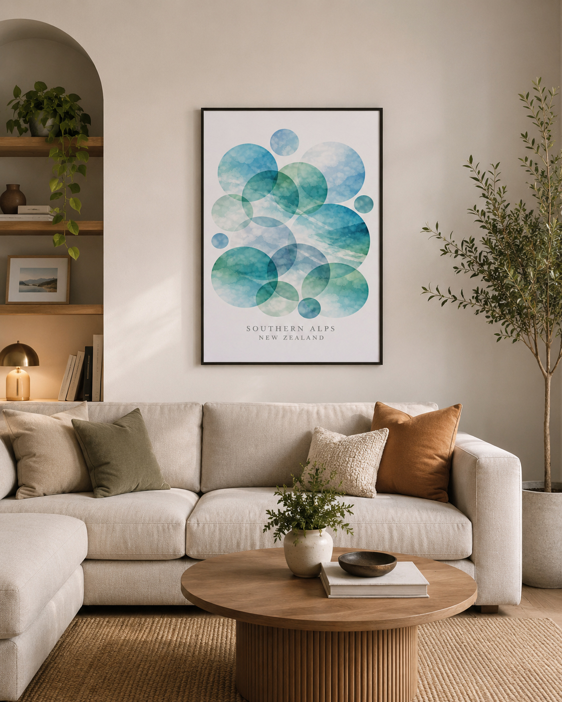 A framed art print featuring watercolor-style teal and blue circular bubbles with the text 'SOUTHERN ALPS NEW ZEALAND' at the bottom, displayed on a beige wall above a light-colored sectional sofa in a styled living room.