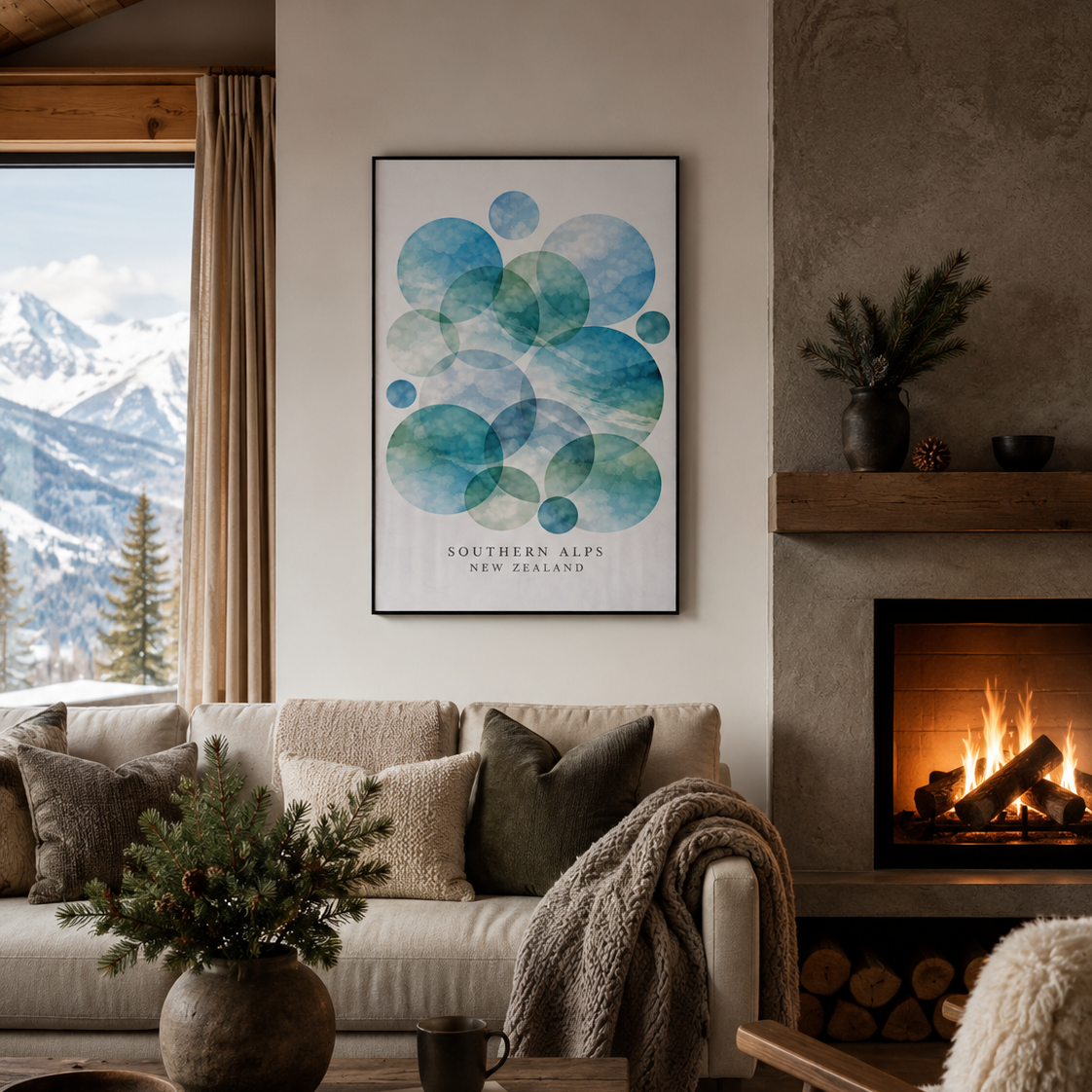 A framed art print featuring blue and green watercolor circles with the text 'SOUTHERN  ALPS NEW ZEALAND' hanging on a wall in a cozy living room with a fireplace, sofa, and mountain view.