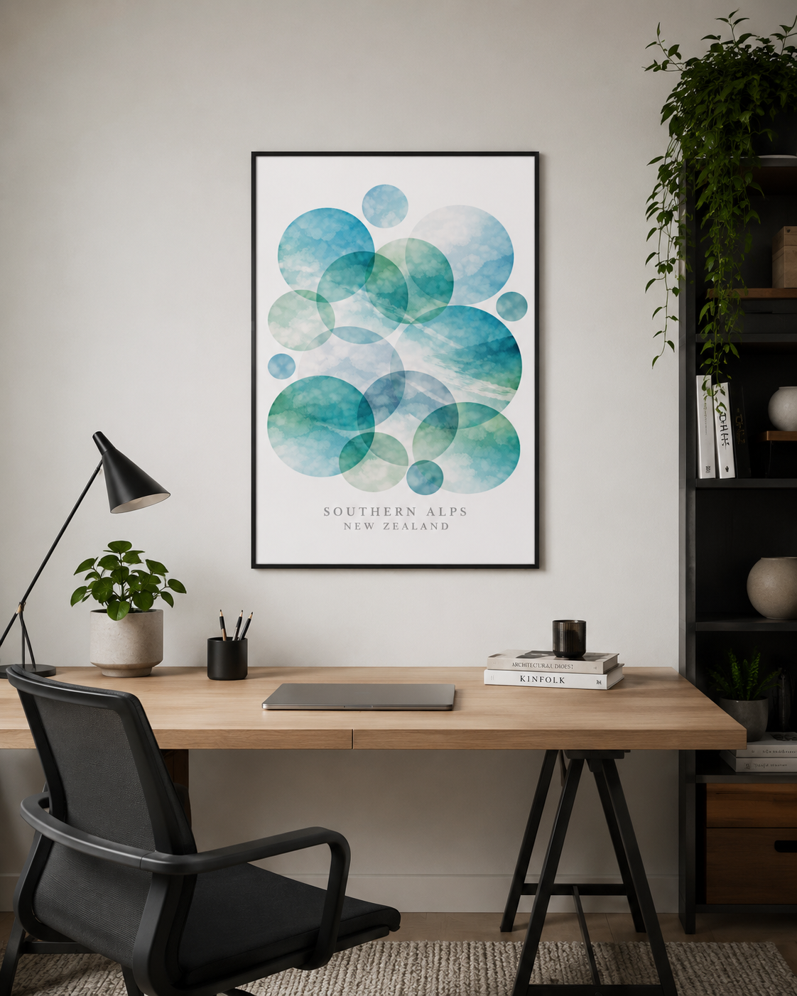 A framed art print featuring overlapping watercolor circles in shades of teal, blue, and green, with the text 'SOUTHERN ALPS NEW ZEALAND' at the bottom. The print is displayed on a light gray wall above a wooden desk with a black office chair, lamp, and books.
