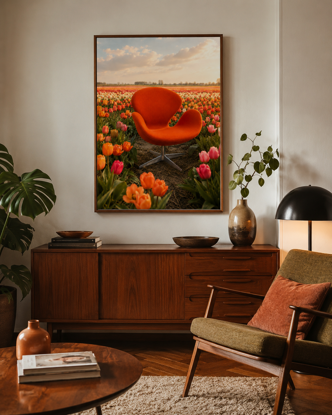 A framed art print depicting a vibrant orange chair in a tulip field, displayed on a beige wall in a modern, mid-century styled living room with a wooden sideboard, chair, and plant.