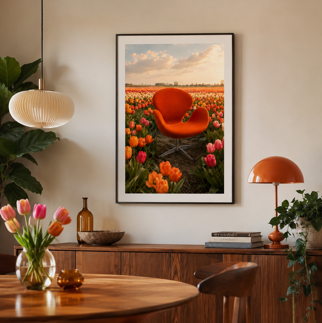 A framed art print depicting a vibrant orange chair in a tulip field, displayed on a beige wall in a modern, warm-toned living room setting.