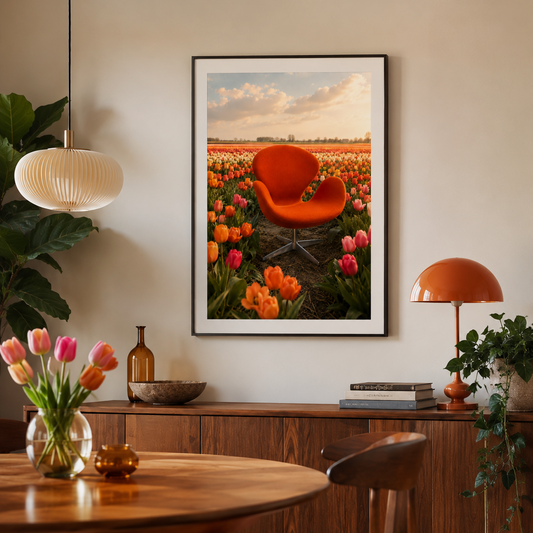 A framed art print depicting a vibrant orange chair in a tulip field, displayed on a beige wall in a modern, warm-toned living room setting.