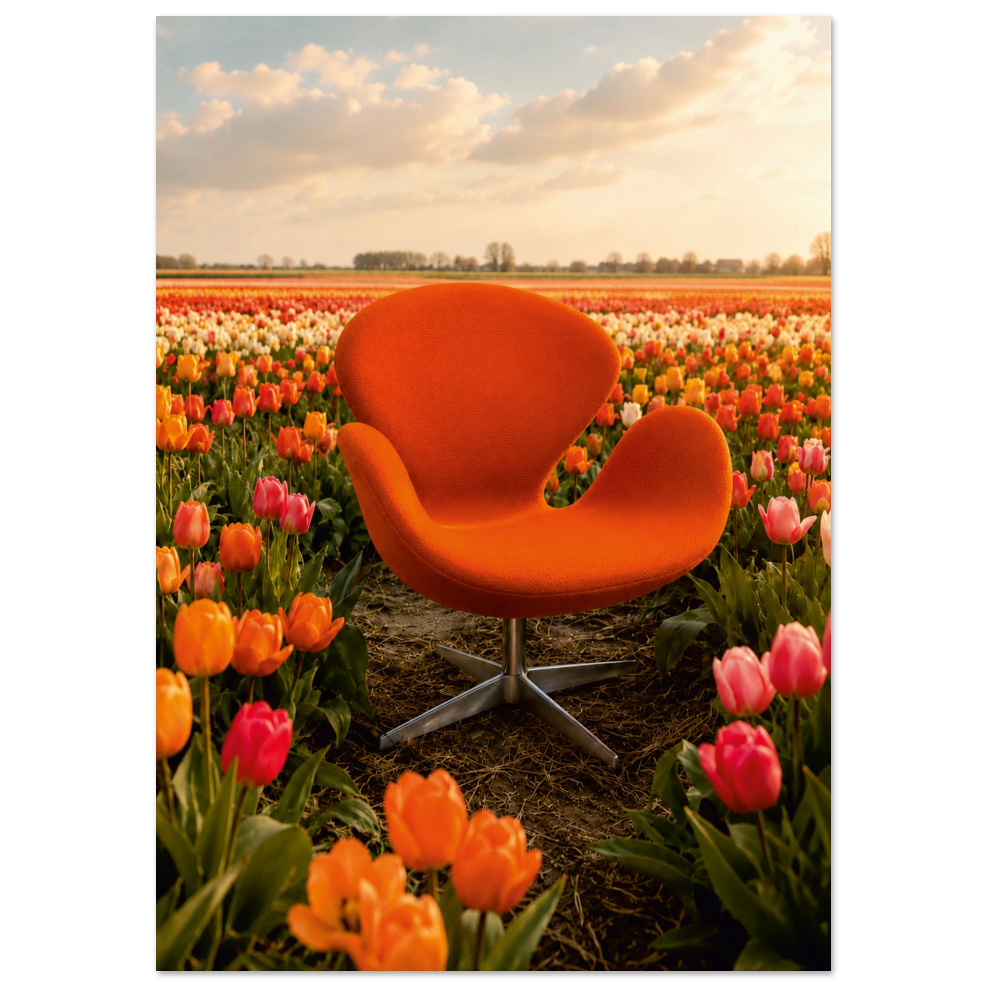 An orange modern lounge chair with a silver metal swivel base, placed in a tulip field under a cloudy sky at sunset.