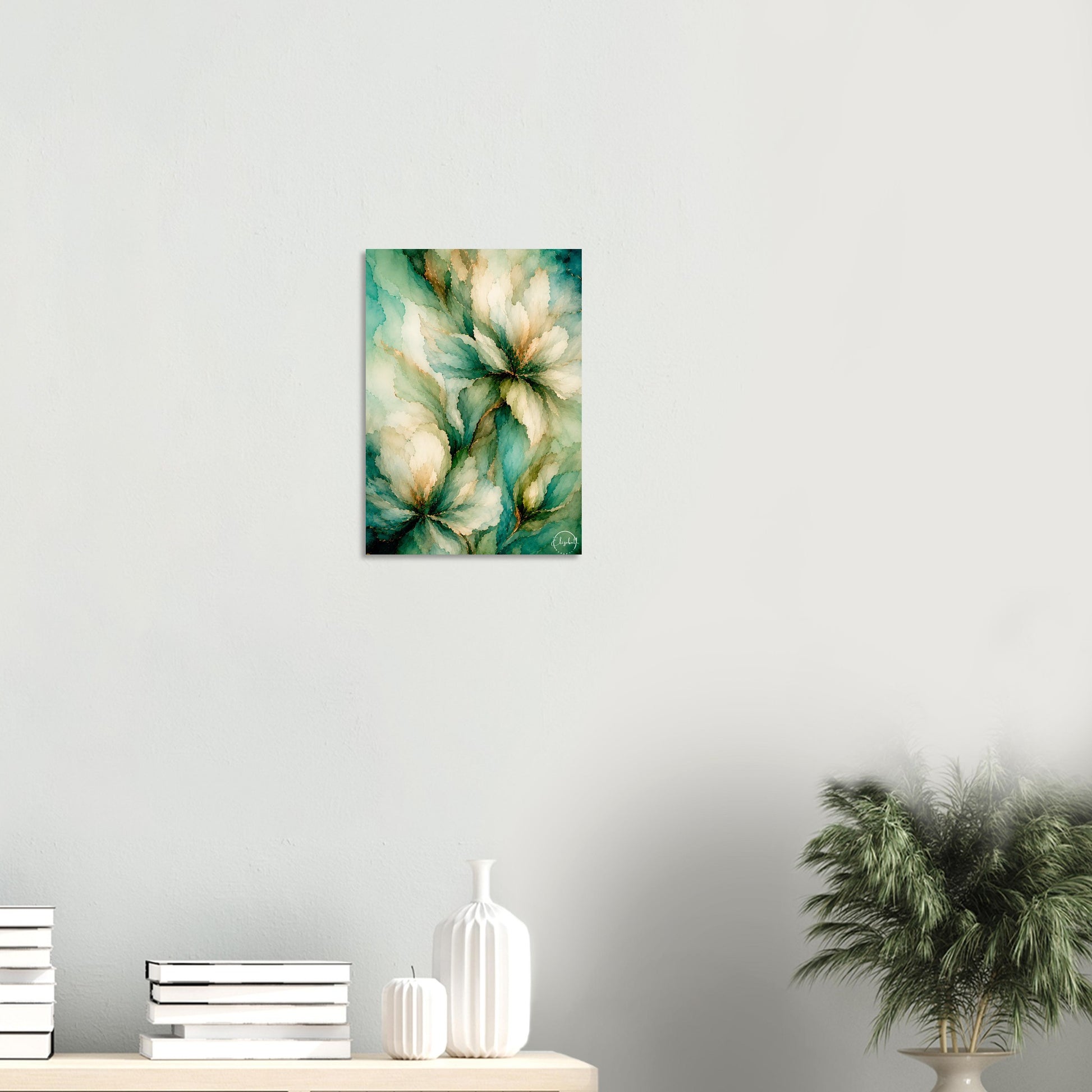 A vertical wall art print featuring an abstract painting of green and cream flowers, displayed on a light gray wall above a console table with books, vases, and a potted plant.