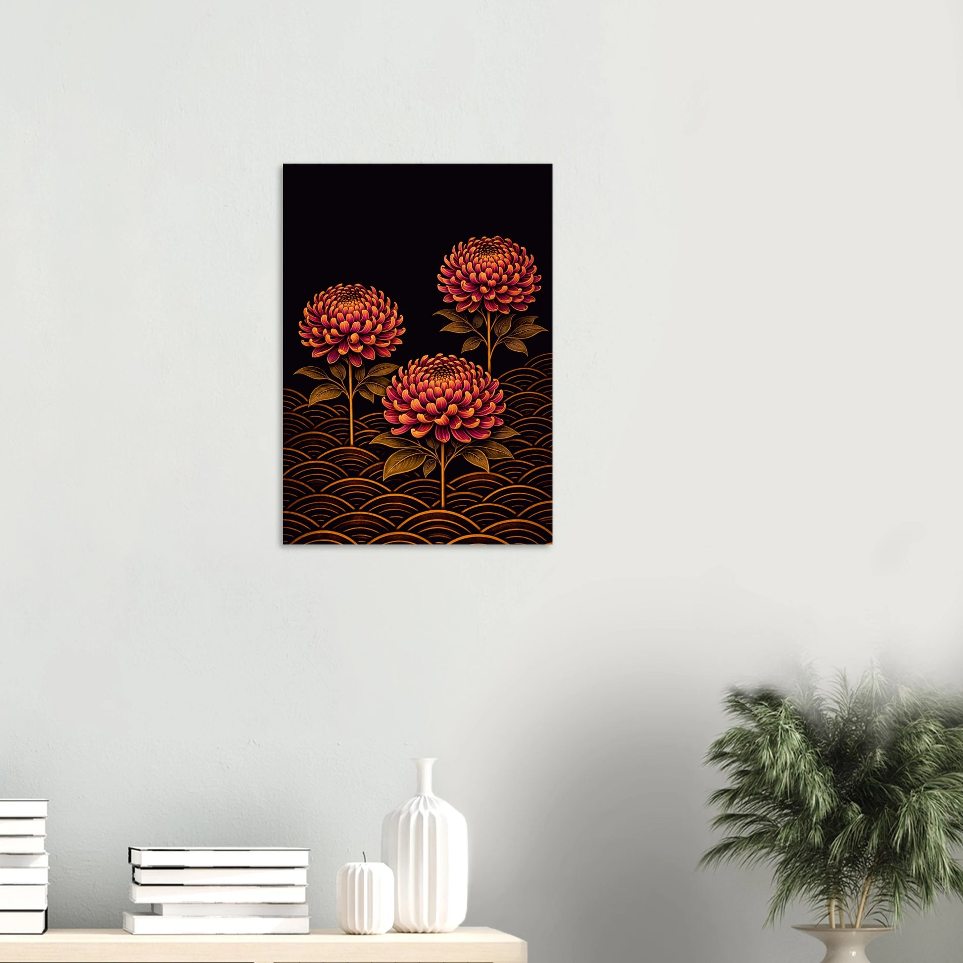 Three chrysanthemum blooms in deep crimson and burnt orange, rise from a ground of warm amber arcs against a near-black midnight sky.&nbsp;Chrysanthemums at Midnight is rich and ceremonial and quietly commanding, the kind of print that makes a room feel like it has always known exactly what it was.