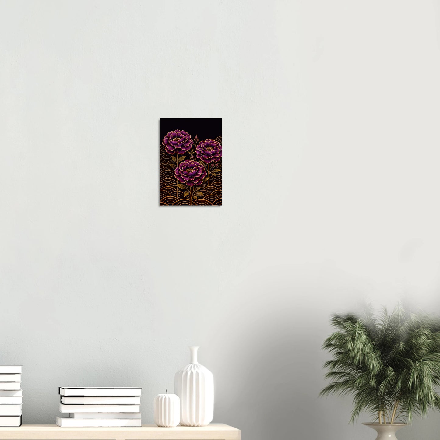 Three lisianthus blooms in deep royal purple, their petals edged in gold, rise from a ground of warm amber arcs that glow against a near-black sky. Lisianthus Purple Delight is opulent and still and quietly intoxicating, the kind of print that makes a room feel like it belongs to someone with very good taste.