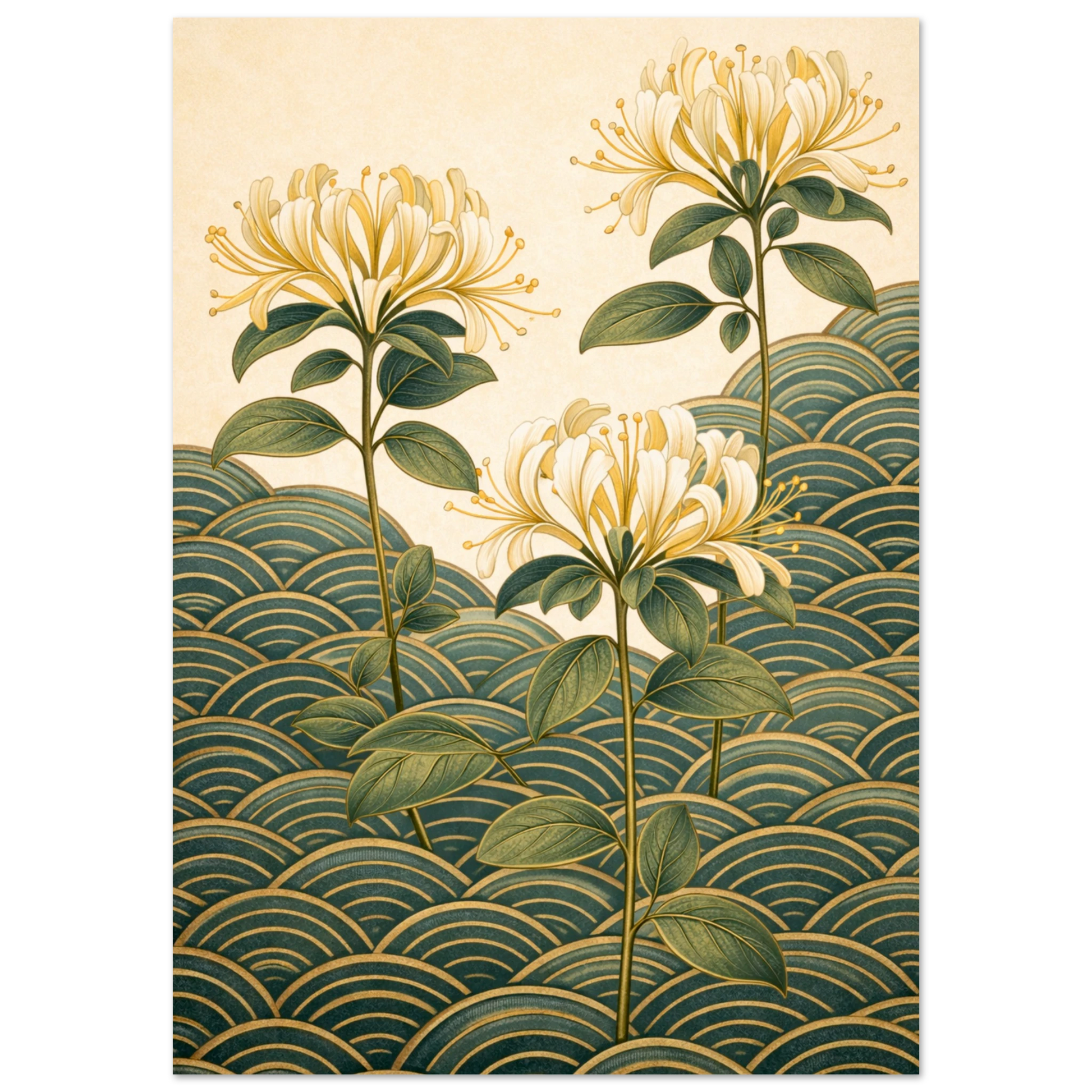 A vertical art print featuring three white and yellow flowers with green leaves rising above a repeating gold and teal wave pattern on a warm cream background.

Twilight Honeysuckles has the quality of early morning light. Three honeysuckle stems rise from a field of teal seigaiha waves against a soft cream ground, their white and pale yellow blooms open and unhurried, their fine stamens catching the light, their deep green leaves full and considered.&nbsp;