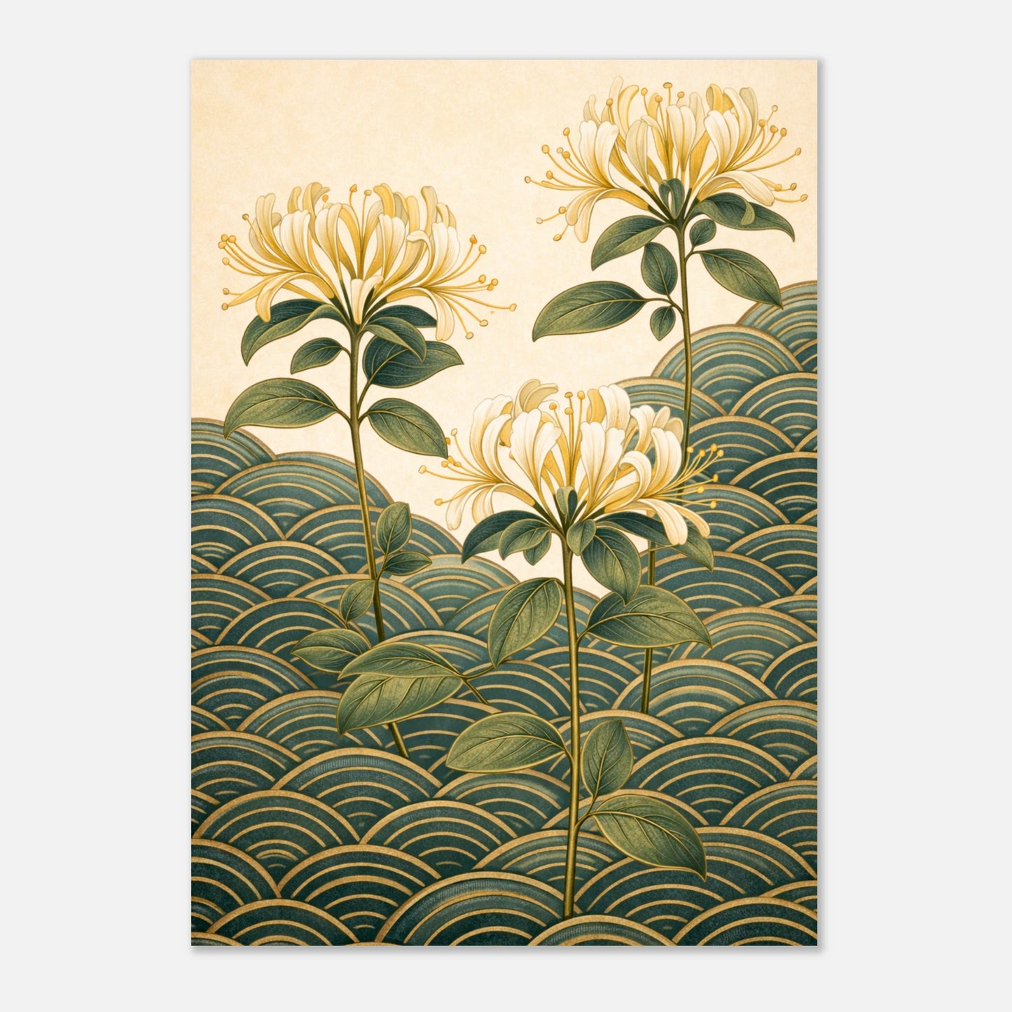 Twilight Honeysuckles has the quality of early morning light. Three honeysuckle stems rise from a field of teal seigaiha waves against a soft cream ground, their white and pale yellow blooms open and unhurried, their fine stamens catching the light, their deep green leaves full and considered.&nbsp;