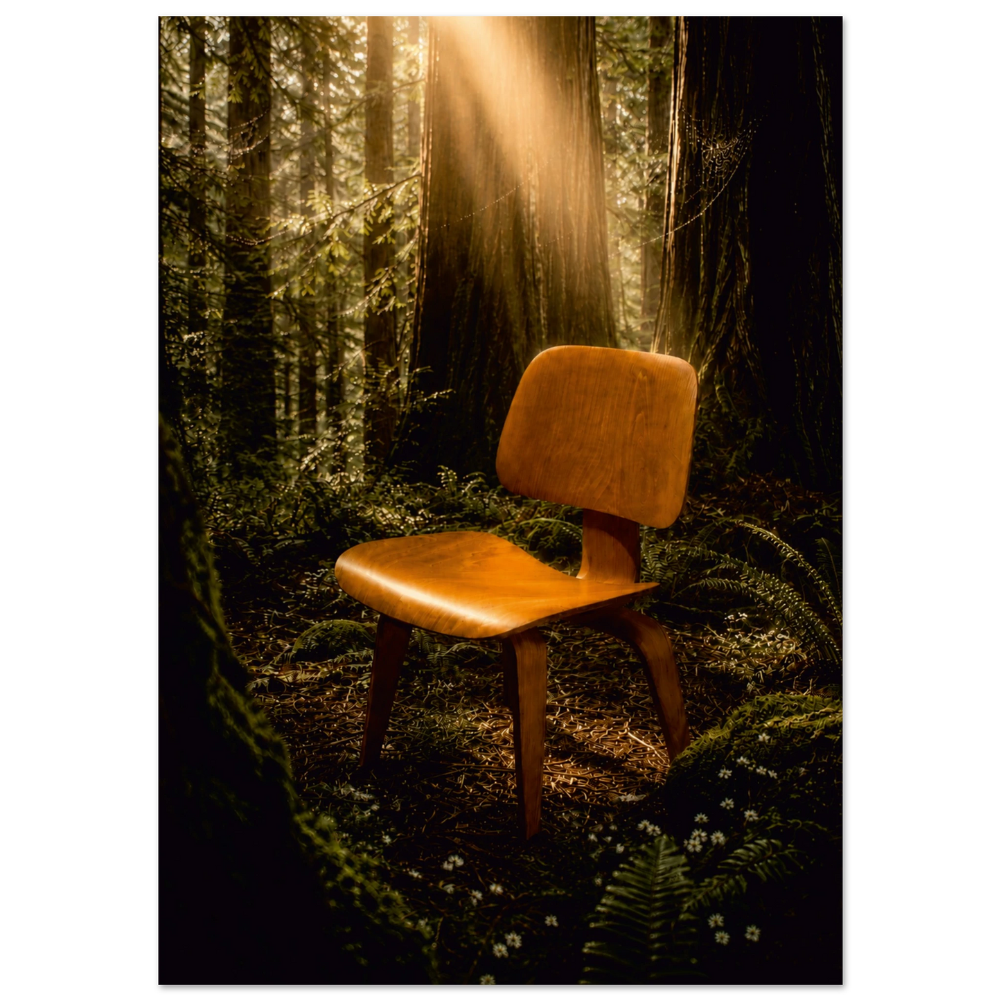 A mid-century modern wooden chair with a curved back and seat, placed in a dark, sun-dappled forest clearing.