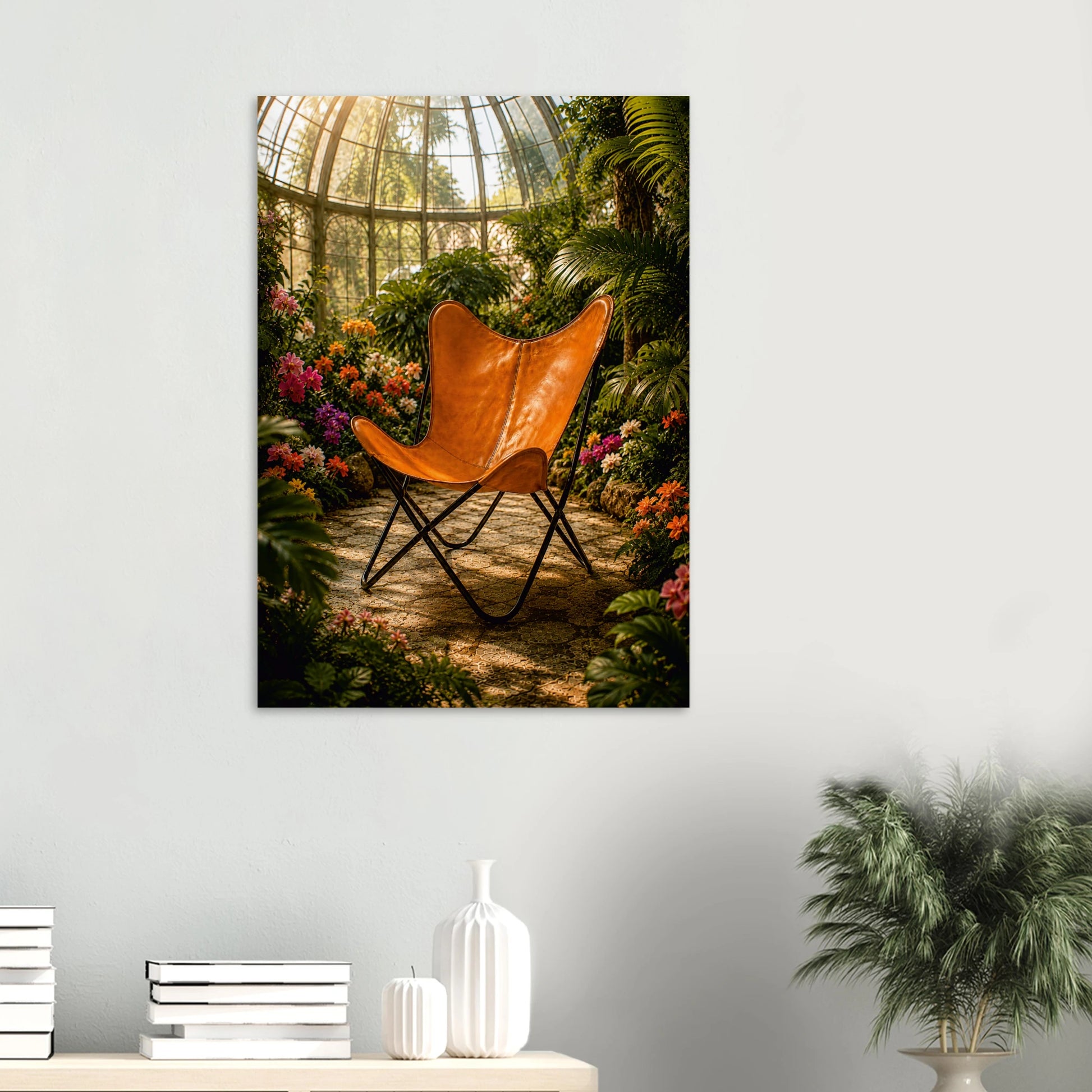 A vertical wall art print depicting a brown leather butterfly chair in a lush tropical greenhouse surrounded by colorful flowers, displayed on a light gray wall above a console table with books and a plant.