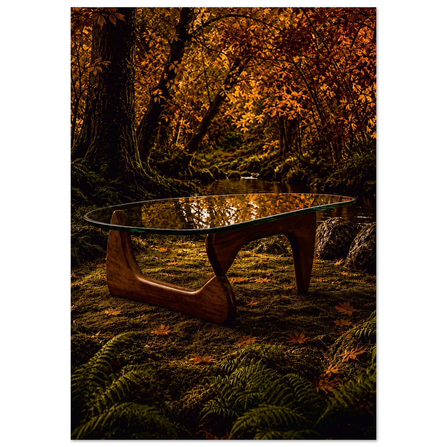 Noguchi-inspired coffee table in a moody autumnal forest. Amber and burnt orange giclee print inspired by original designs. 200gsm FSC paper. Ships worldwide.