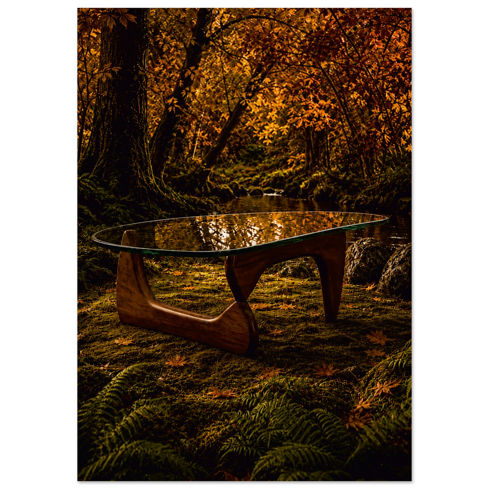 Noguchi-inspired coffee table in a moody autumnal forest. Amber and burnt orange giclee print inspired by original designs. 200gsm FSC paper. Ships worldwide.