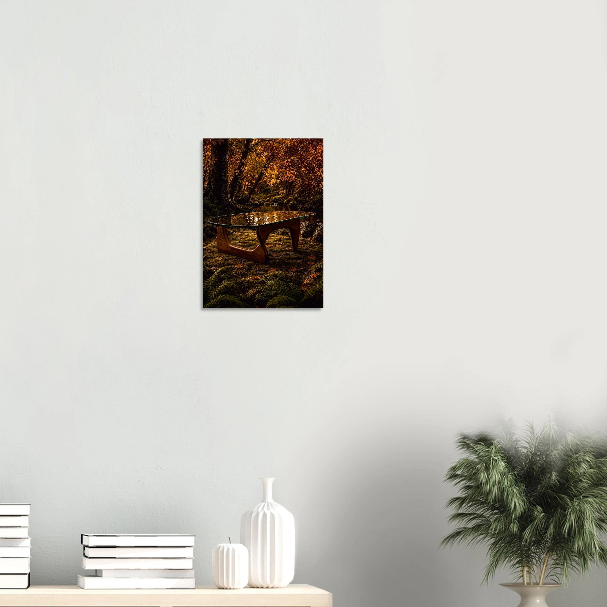 Noguchi-inspired coffee table in a moody autumnal forest. Amber and burnt orange giclee print inspired by original designs. 200gsm FSC paper. Ships worldwide.