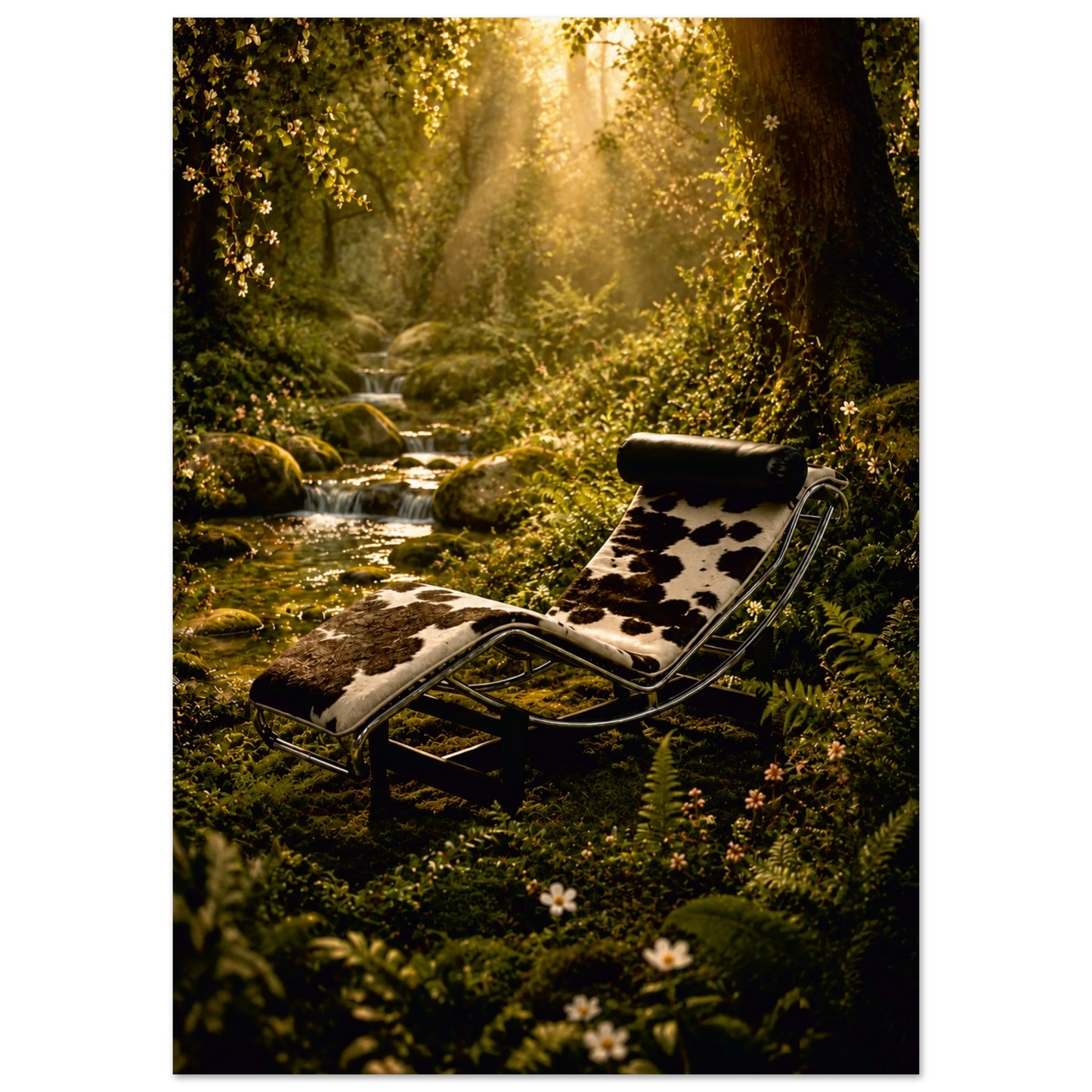 A luxury chaise lounge chair with a black and white cowhide pattern sits in a lush, sun-dappled forest clearing next to a small stream.