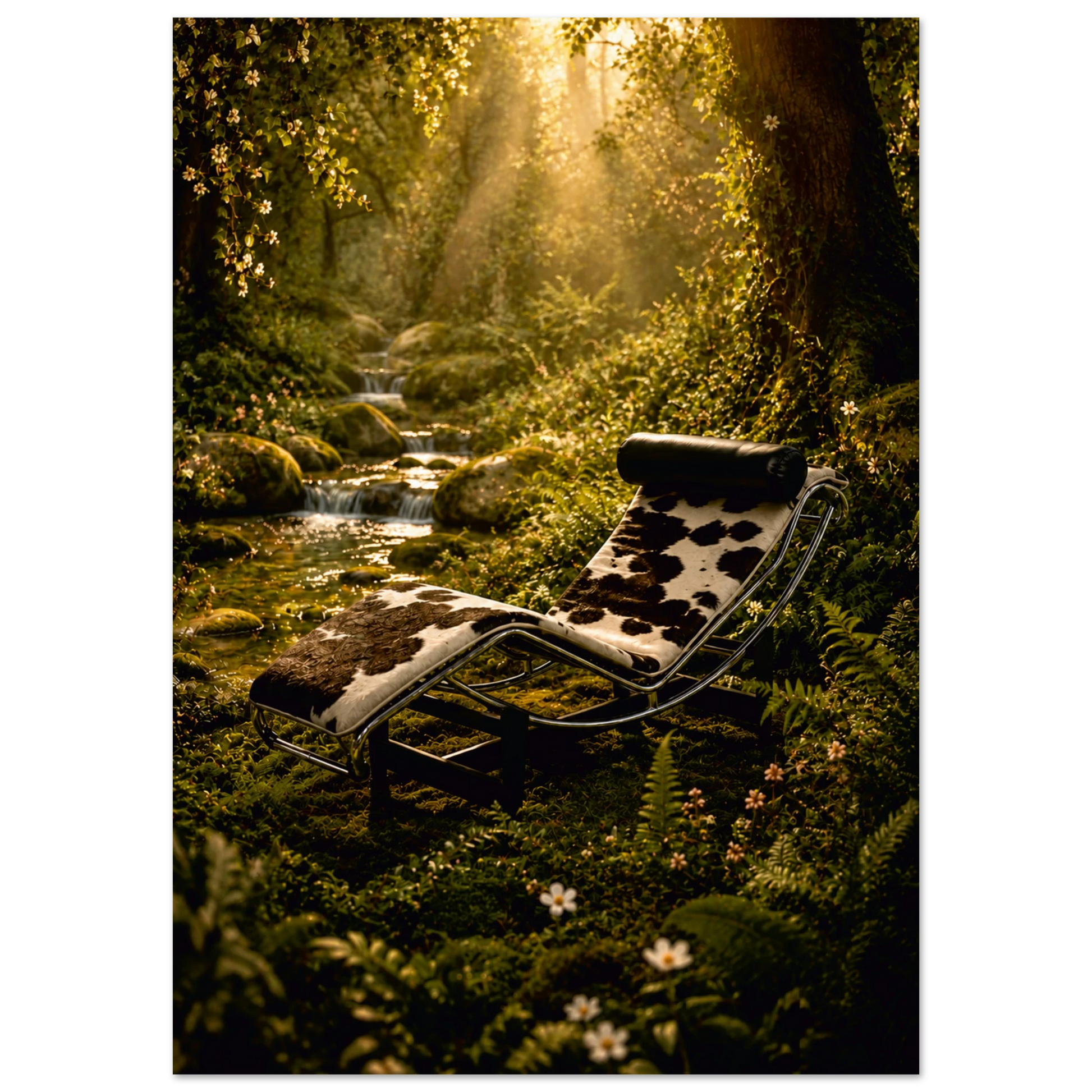A luxury chaise lounge chair with a black and white cowhide pattern sits in a lush, sun-dappled forest clearing next to a small stream.