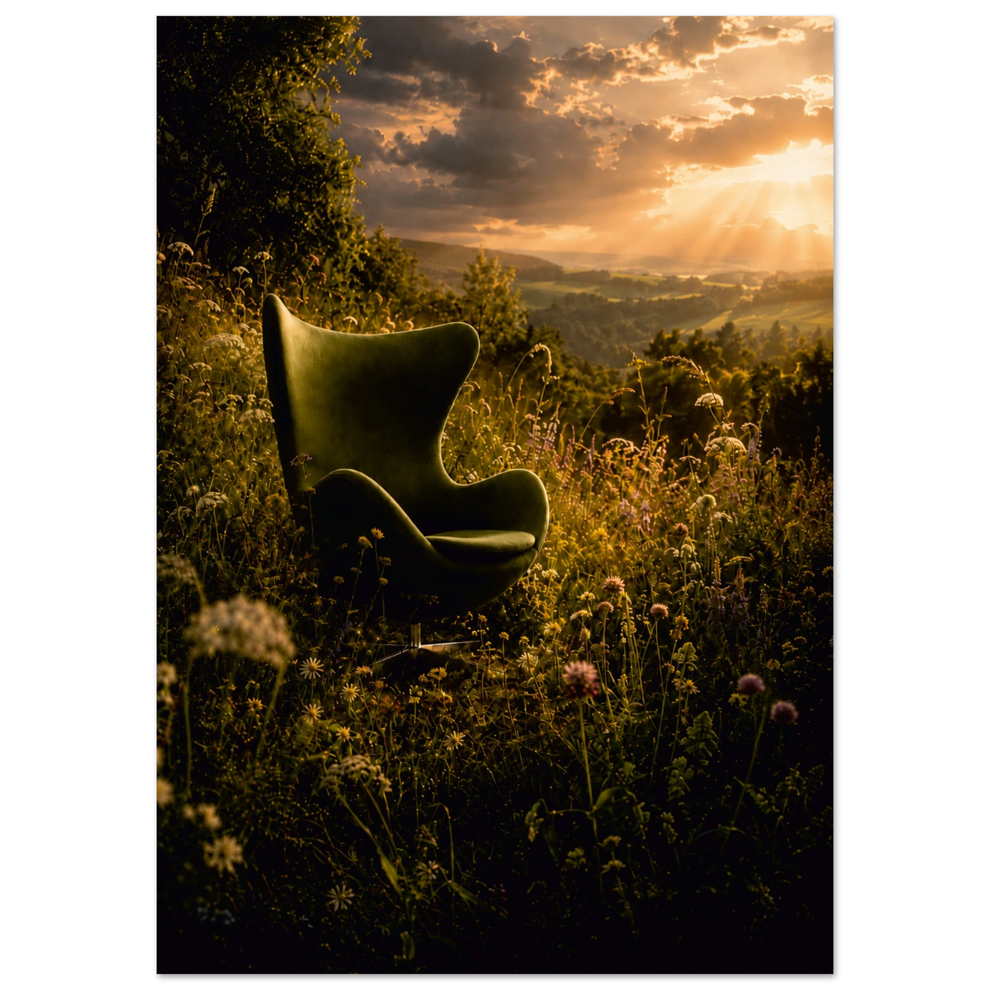 A tall rectangular art print  showing a dark green egg lounge chair placed in a wildflower meadow at sunset, with mountains and dramatic sun rays in the sky.

Existential Crisis Sorted is for the moment you stop overthinking and simply sit down somewhere beautiful. An Egg Chair-inspired silhouette rests in a wild meadow at golden hour, surrounded by tumbling wildflowers, deep olive grasses and a sky that cannot decide between storm and sunset. It is moody, romantic, and deeply, quietly satisfying.